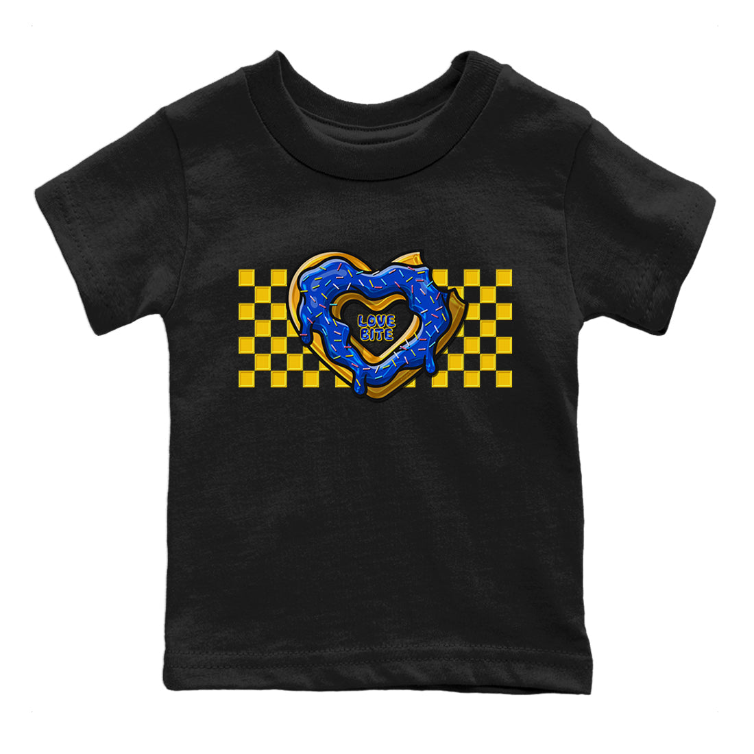 Jordan 1 Game Royal and Varsity Maize Sneaker Matching T-Shirt Love Bite Sneaker Tees Jordan 1 Game Royal and Varsity Maize Sneaker Release Tees Kids Shirts