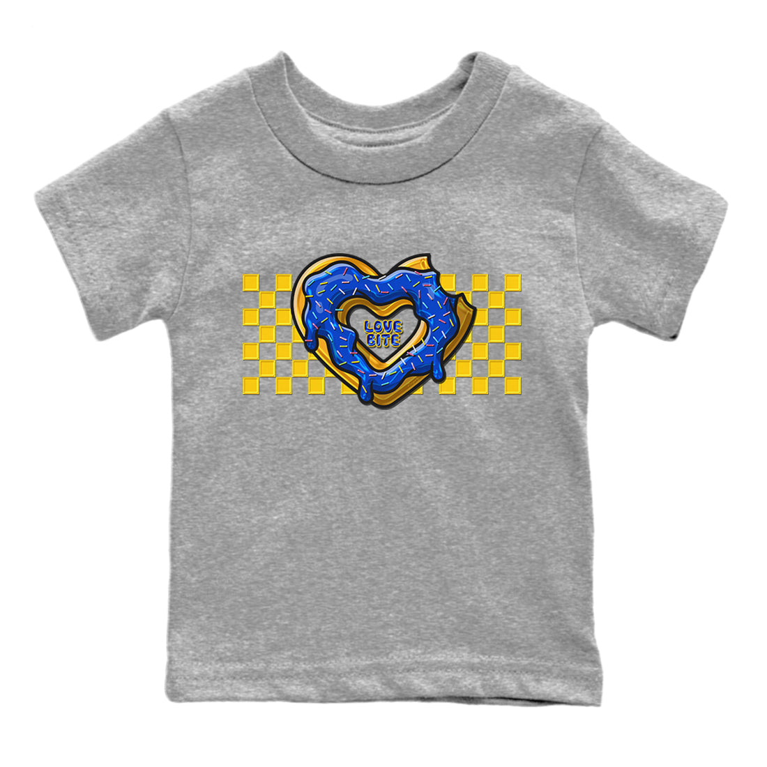 Jordan 1 Game Royal and Varsity Maize Sneaker Matching T-Shirt Love Bite Sneaker Tees Jordan 1 Game Royal and Varsity Maize Sneaker Release Tees Kids Shirts