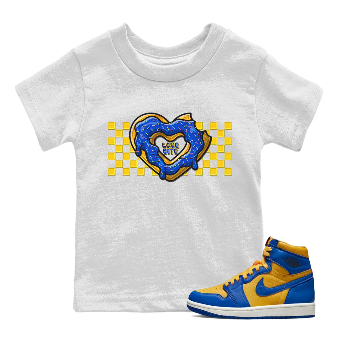 Jordan 1 Game Royal and Varsity Maize Sneaker Matching T-Shirt Love Bite Sneaker Tees Jordan 1 Game Royal and Varsity Maize Sneaker Release Tees Kids Shirts