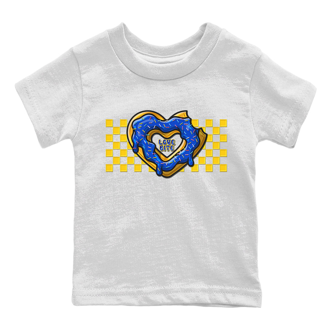 Jordan 1 Game Royal and Varsity Maize Sneaker Matching T-Shirt Love Bite Sneaker Tees Jordan 1 Game Royal and Varsity Maize Sneaker Release Tees Kids Shirts