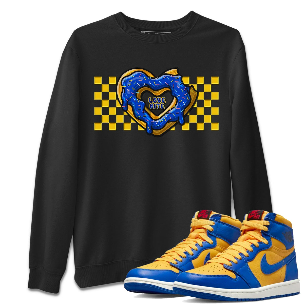 Jordan 1 Game Royal and Varsity Maize Sneaker Matching T-Shirt Love Bite Sneaker Tees Jordan 1 Game Royal and Varsity Maize Sneaker Release Tees Crew Neck Tees
