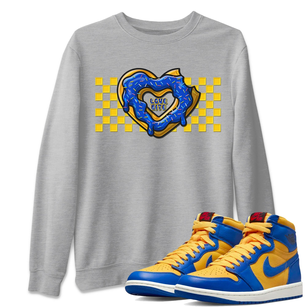 Jordan 1 Game Royal and Varsity Maize Sneaker Matching T-Shirt Love Bite Sneaker Tees Jordan 1 Game Royal and Varsity Maize Sneaker Release Tees Crew Neck Tees