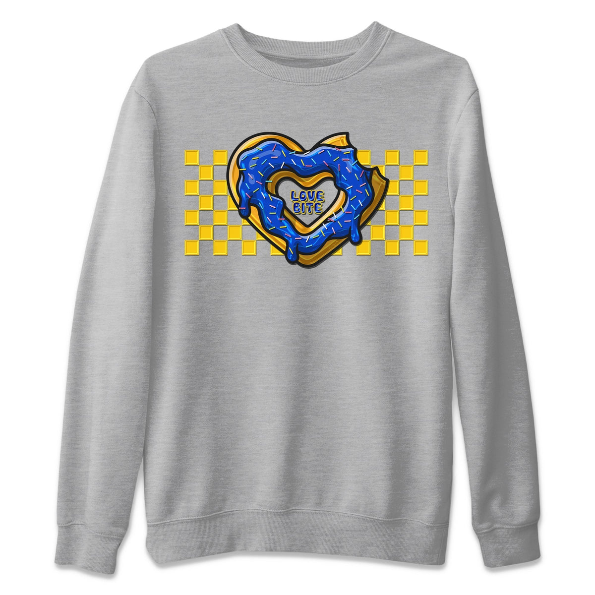 Jordan 1 Game Royal and Varsity Maize Sneaker Matching T-Shirt Love Bite Sneaker Tees Jordan 1 Game Royal and Varsity Maize Sneaker Release Tees Crew Neck Tees