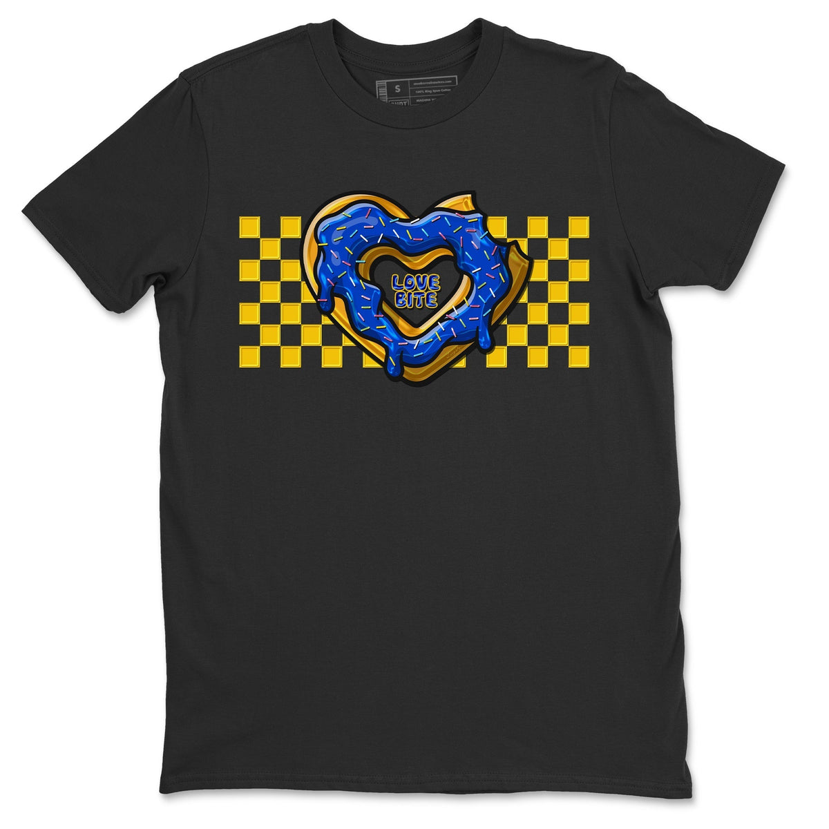 Jordan 1 Game Royal and Varsity Maize Sneaker Matching T-Shirt Love Bite Sneaker Tees Jordan 1 Game Royal and Varsity Maize Sneaker Release Tees Crew Neck Tees