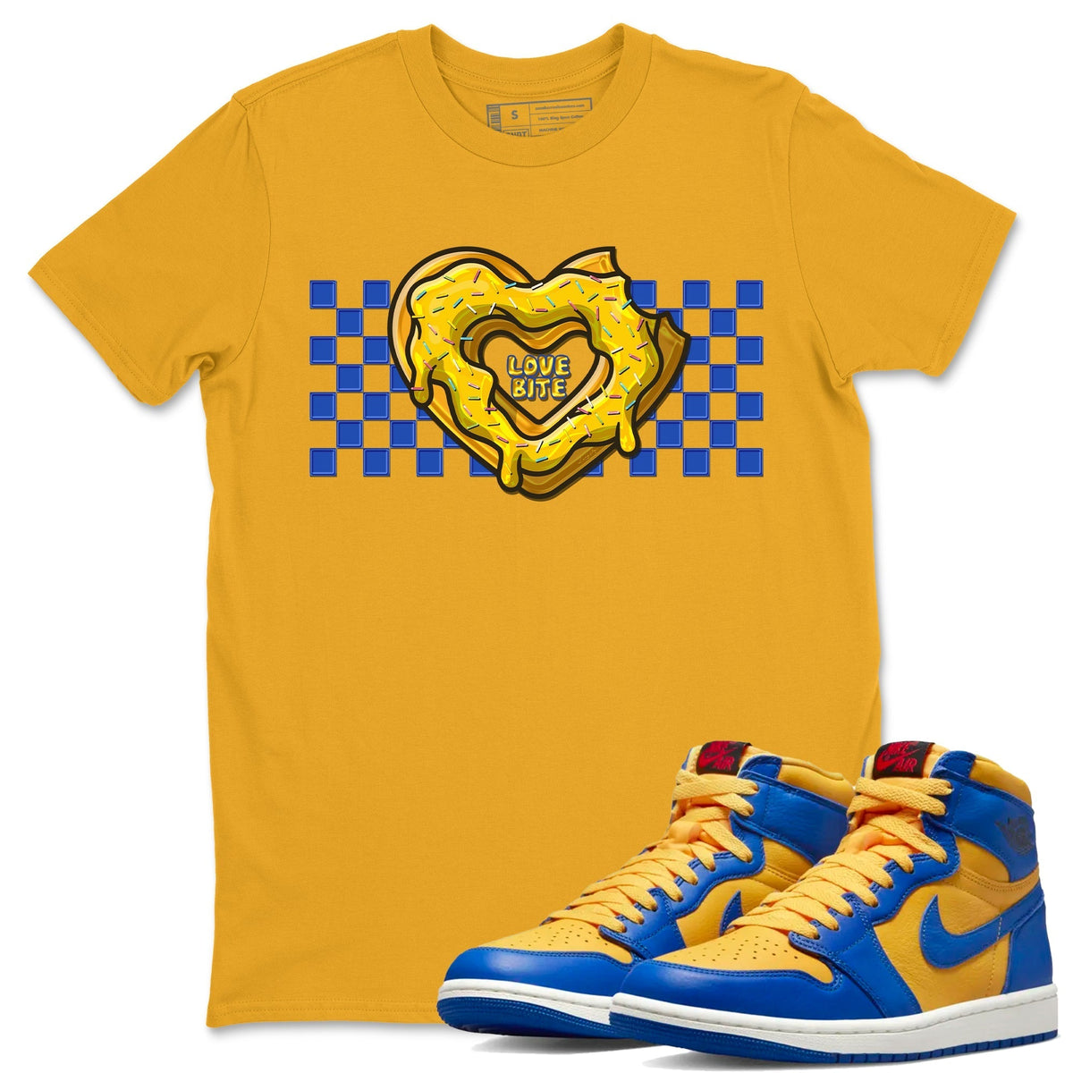 Jordan 1 Game Royal and Varsity Maize Sneaker Matching T-Shirt Love Bite Sneaker Tees Jordan 1 Game Royal and Varsity Maize Sneaker Release Tees Crew Neck Tees