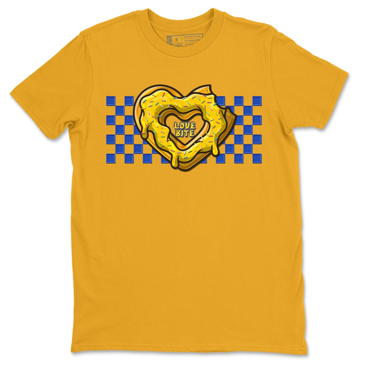 Jordan 1 Game Royal and Varsity Maize Sneaker Matching T-Shirt Love Bite Sneaker Tees Jordan 1 Game Royal and Varsity Maize Sneaker Release Tees Crew Neck Tees