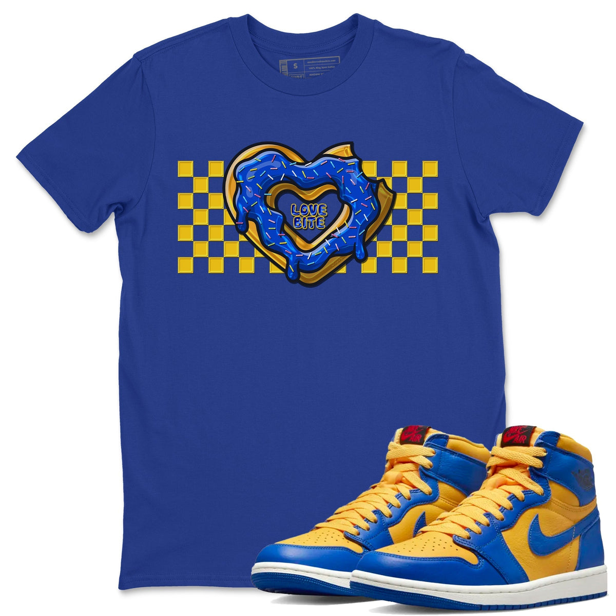 Jordan 1 Game Royal and Varsity Maize Sneaker Matching T-Shirt Love Bite Sneaker Tees Jordan 1 Game Royal and Varsity Maize Sneaker Release Tees Crew Neck Tees