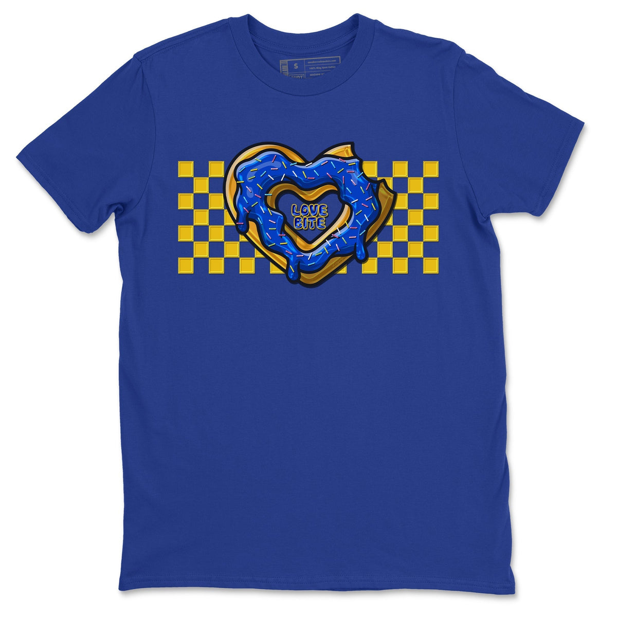 Jordan 1 Game Royal and Varsity Maize Sneaker Matching T-Shirt Love Bite Sneaker Tees Jordan 1 Game Royal and Varsity Maize Sneaker Release Tees Crew Neck Tees
