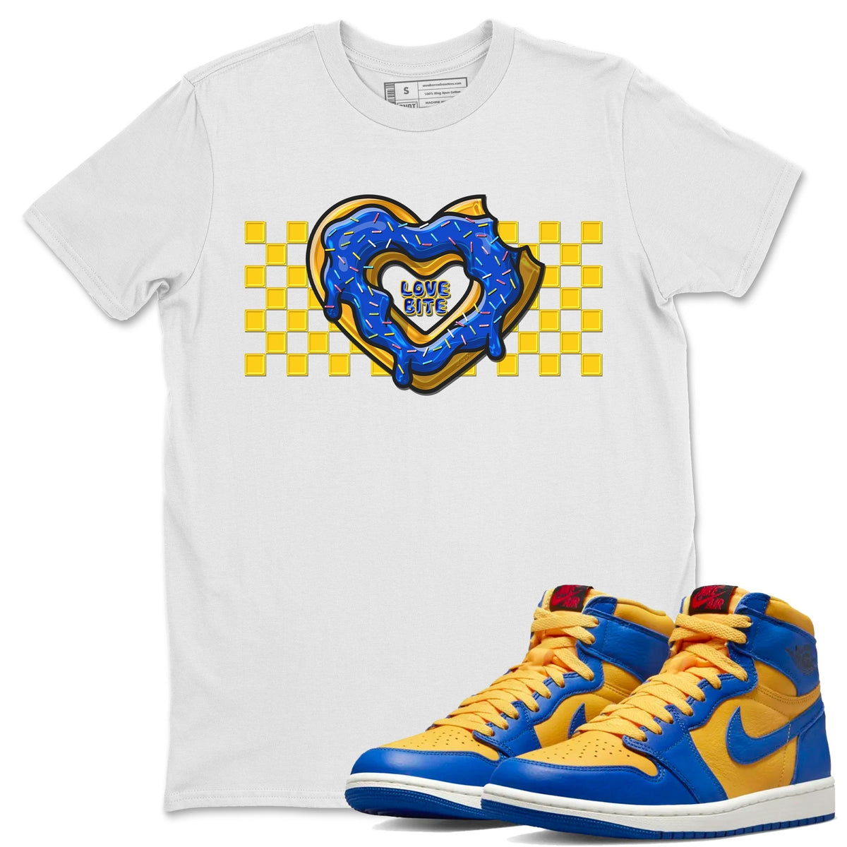 Jordan 1 Game Royal and Varsity Maize Sneaker Matching T-Shirt Love Bite Sneaker Tees Jordan 1 Game Royal and Varsity Maize Sneaker Release Tees Crew Neck Tees