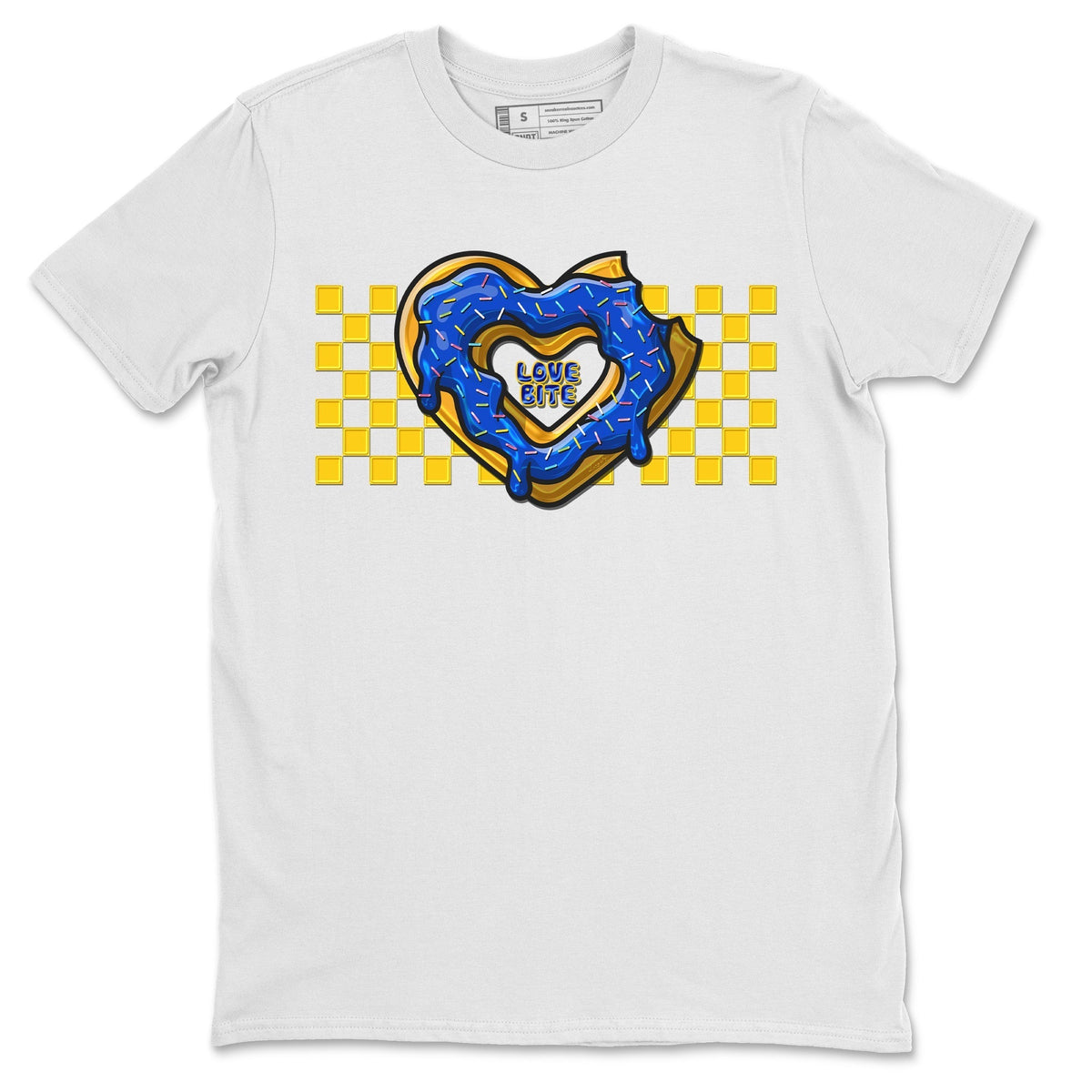 Jordan 1 Game Royal and Varsity Maize Sneaker Matching T-Shirt Love Bite Sneaker Tees Jordan 1 Game Royal and Varsity Maize Sneaker Release Tees Crew Neck Tees
