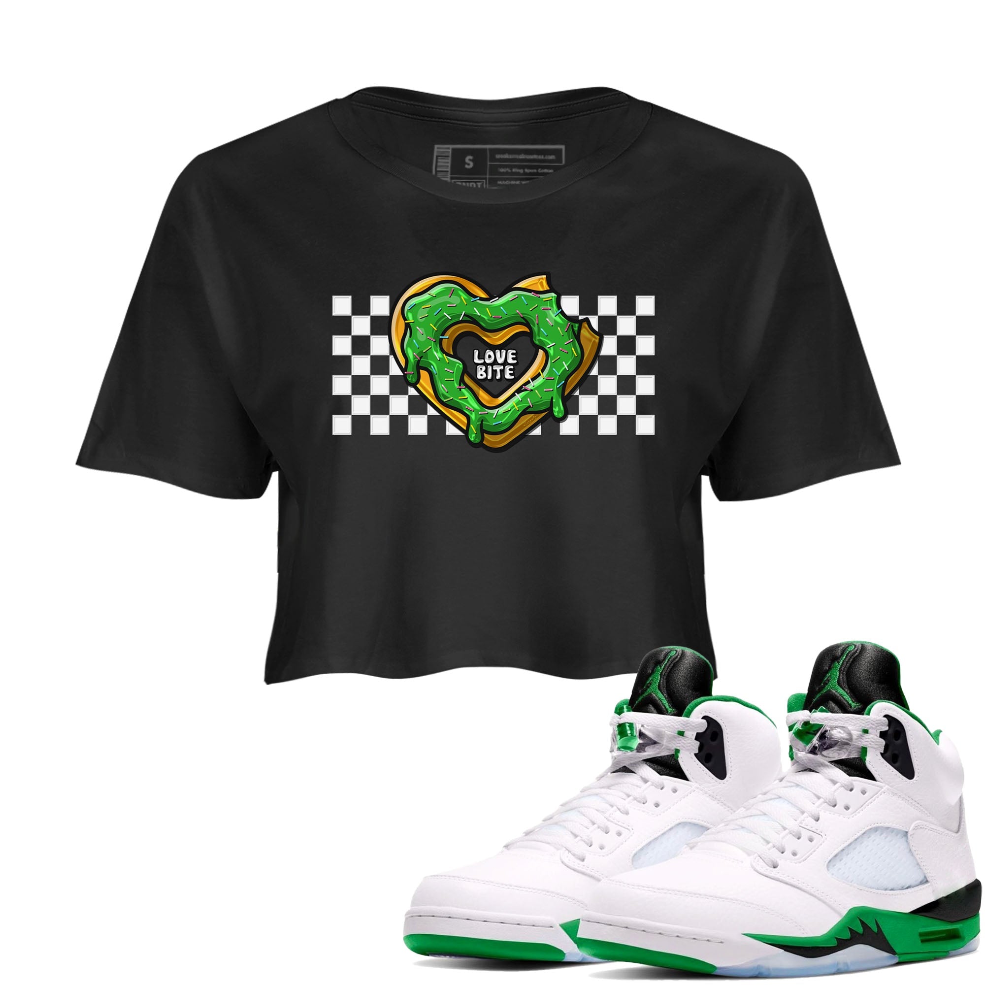 5s Lucky Green shirt to match jordans Love Bite sneaker tees Air Jordan 5 Lucky Green Drip Gear Zone Black 1 crop length shirt