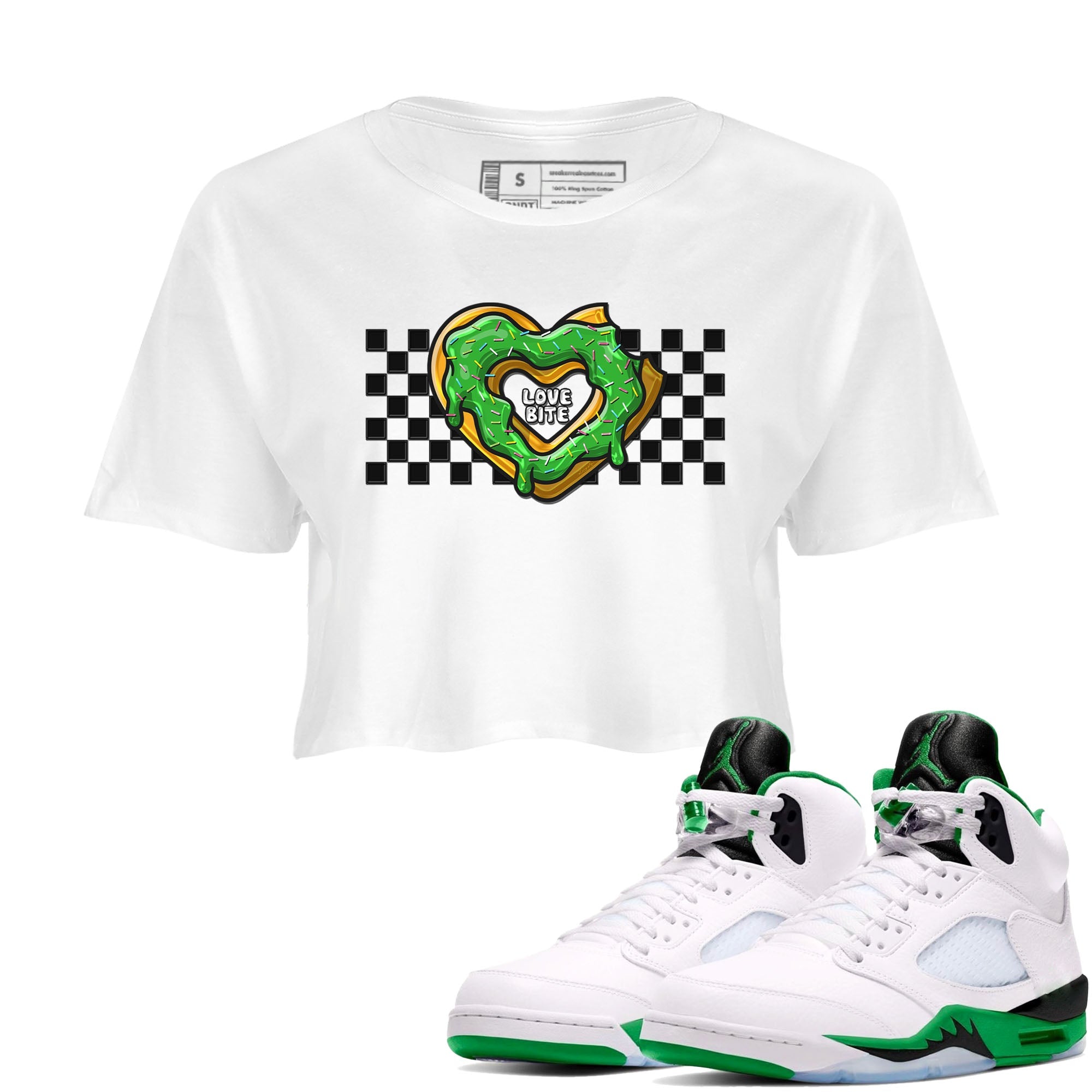 5s Lucky Green shirt to match jordans Love Bite sneaker tees Air Jordan 5 Lucky Green Drip Gear Zone White 1 crop length shirt
