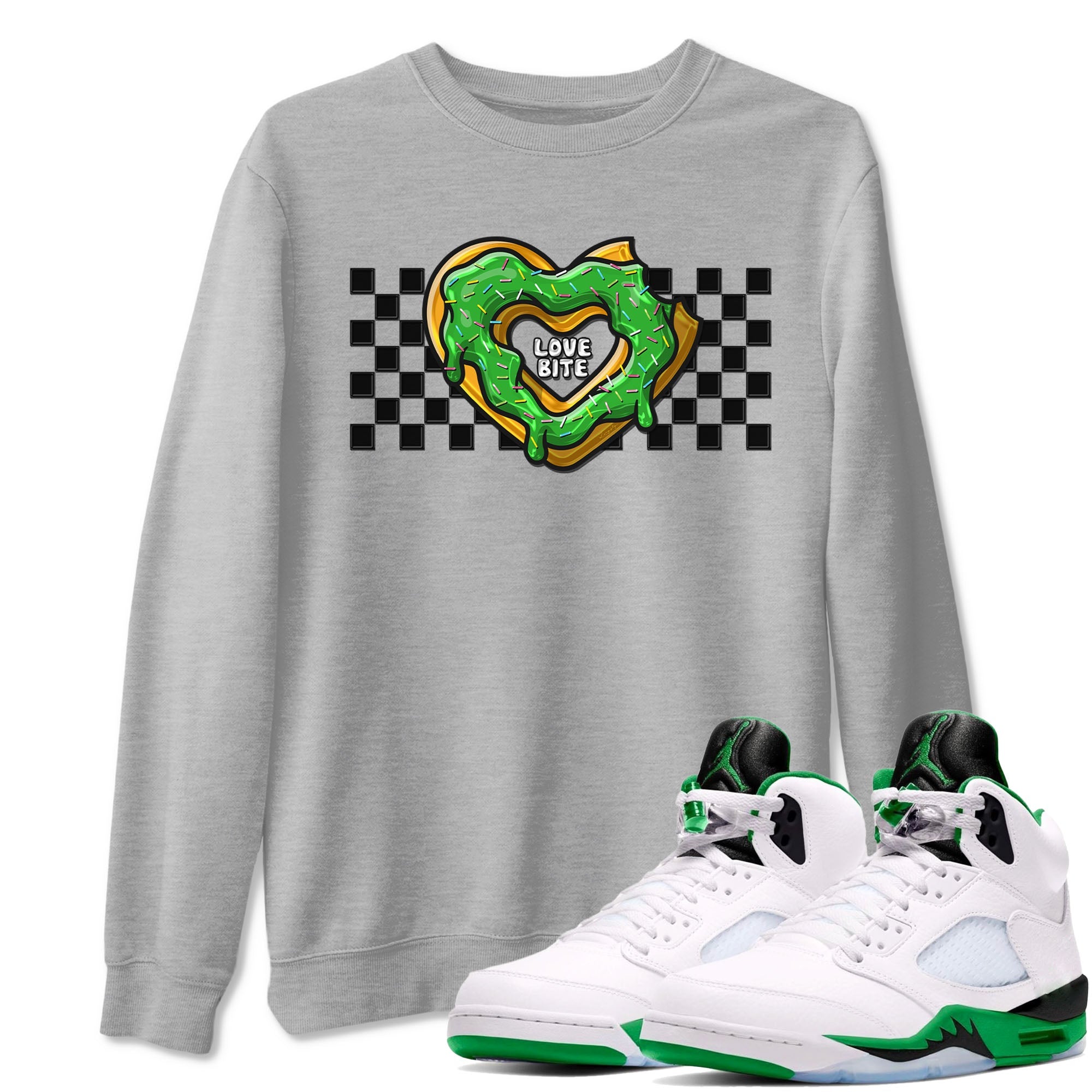 5s Lucky Green shirt to match jordans Love Bite sneaker tees Air Jordan 5 Lucky Green Drip Gear Zone unisex cotton Heather Grey 1 crew neck shirt