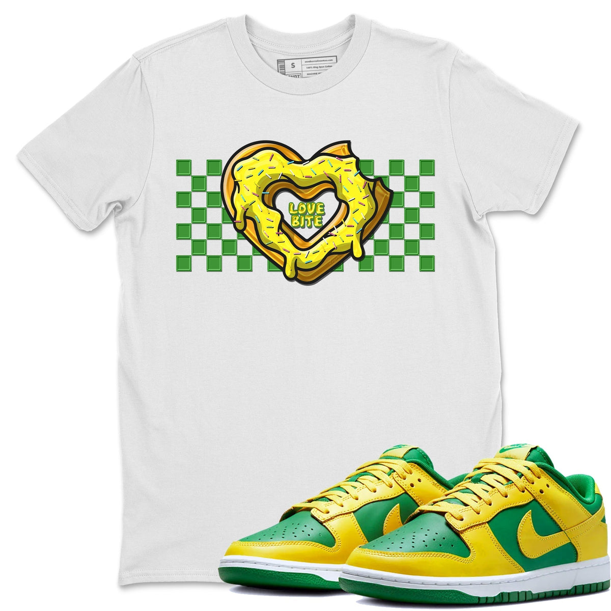Dunk Reverse Brazil Sneaker Match Tees Love Bite Sneaker Tees Dunk Reverse Brazil Jordan to match sneaker T-Shirt Crew Neck Shirts