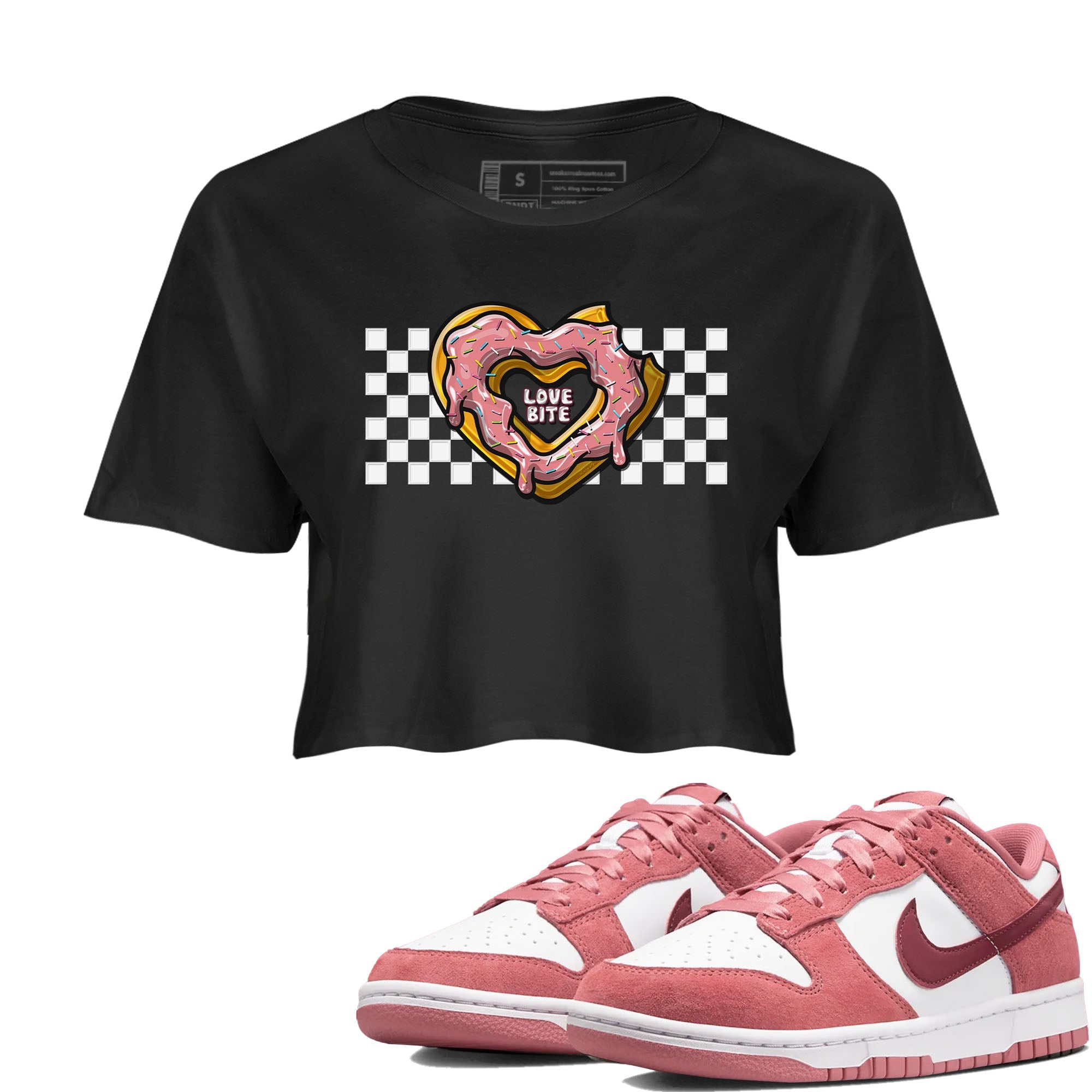 Dunk Valentine's Day shirt to match jordans Love Bite sneaker tees Dunks Valentine's Day Drip Gear Zone Black 1 crop length shirt