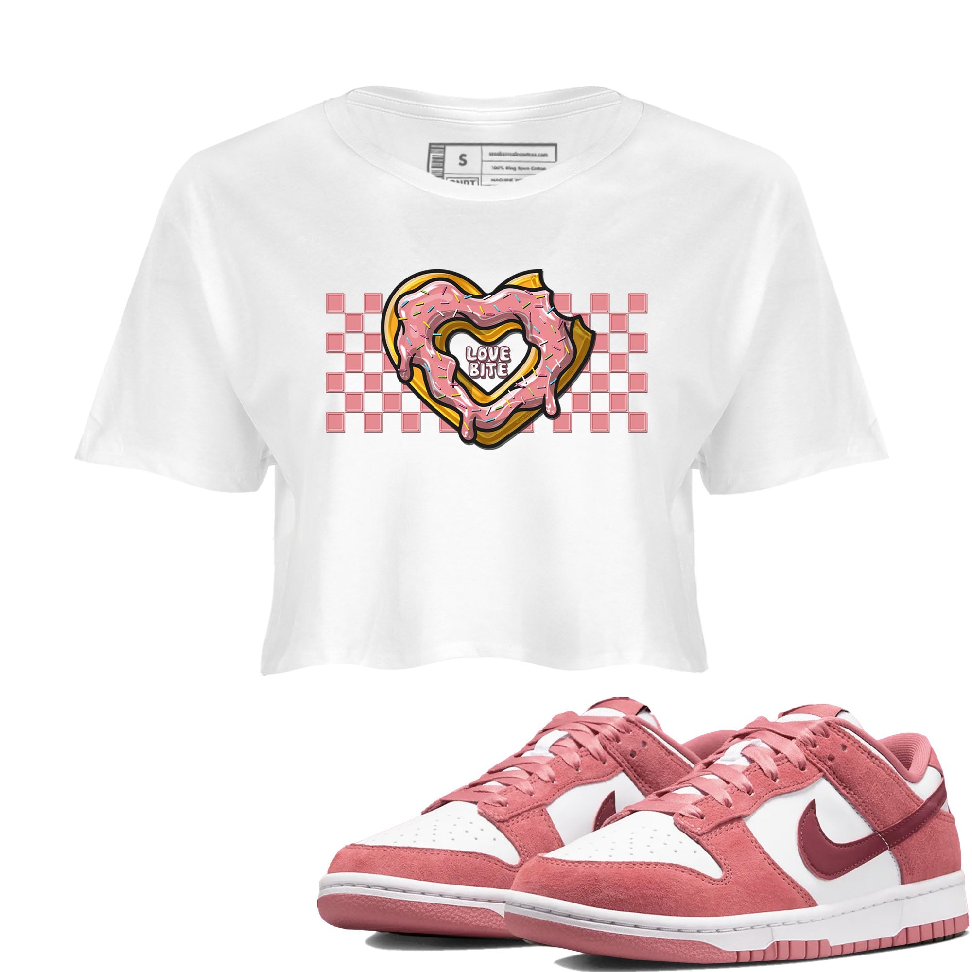 Dunk Valentine's Day shirt to match jordans Love Bite sneaker tees Dunks Valentine's Day Drip Gear Zone White 1 crop length shirt