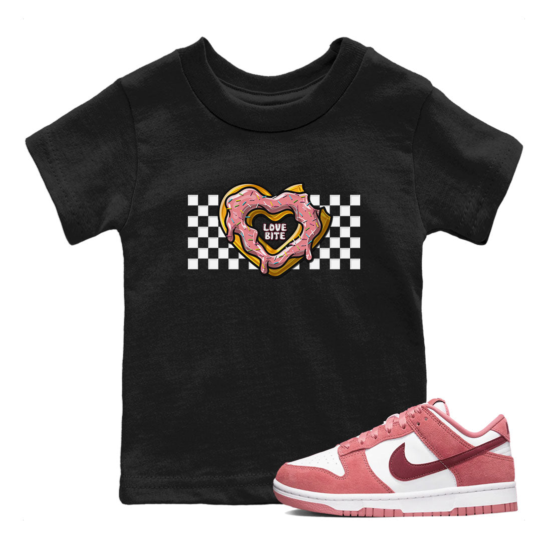 Dunk Valentine's Day shirt to match jordans Love Bite sneaker tees Dunks Valentine's Day Drip Gear Zone baby toddler Black 1 cotton Shirt