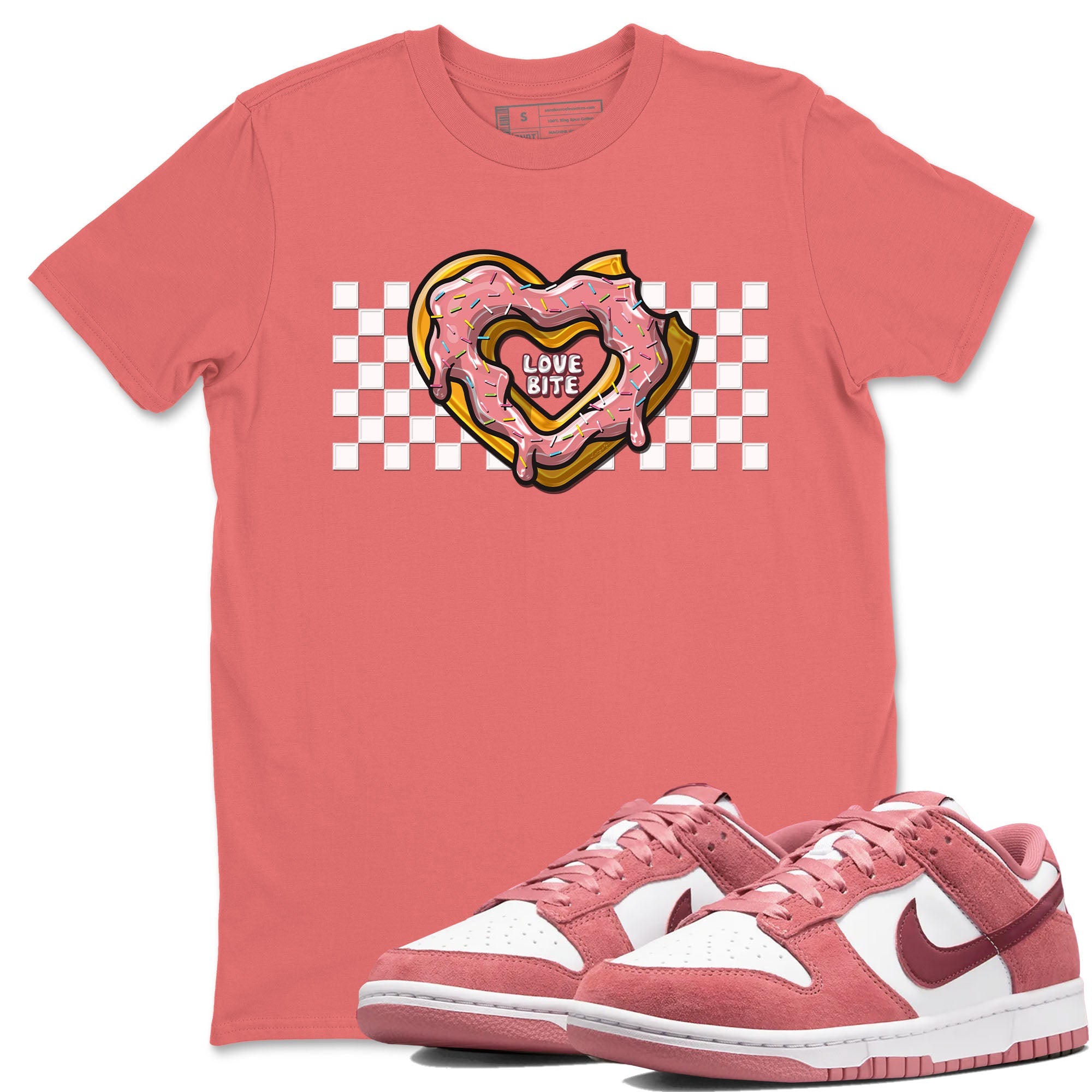Dunk Valentine's Day shirt to match jordans Love Bite sneaker tees Dunks Valentine's Day Drip Gear Zone unisex cotton Coral 1 crew neck shirt