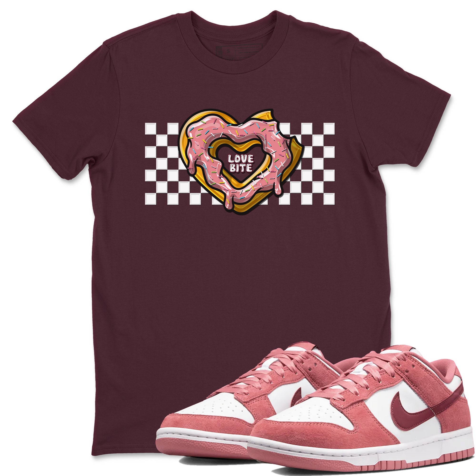 Dunk Valentine's Day shirt to match jordans Love Bite sneaker tees Dunks Valentine's Day Drip Gear Zone unisex cotton Maroon 1 crew neck shirt