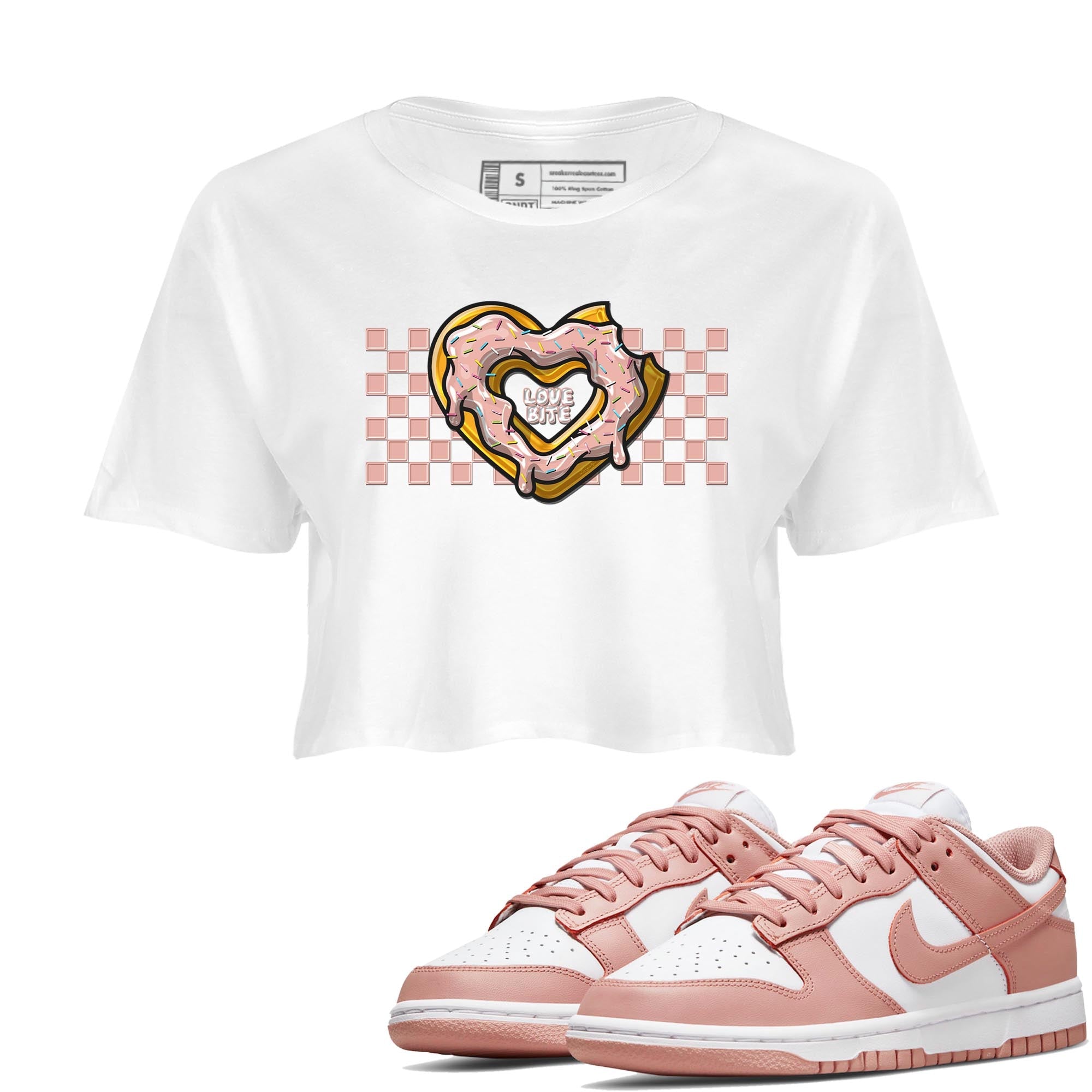 Nike Dunks Low Rose Whisper shirt to match jordans Love Bite Streetwear Sneaker Shirt Nike Dunk Rose Whisper Drip Gear Zone Sneaker Matching Clothing White 1 Crop T-Shirt