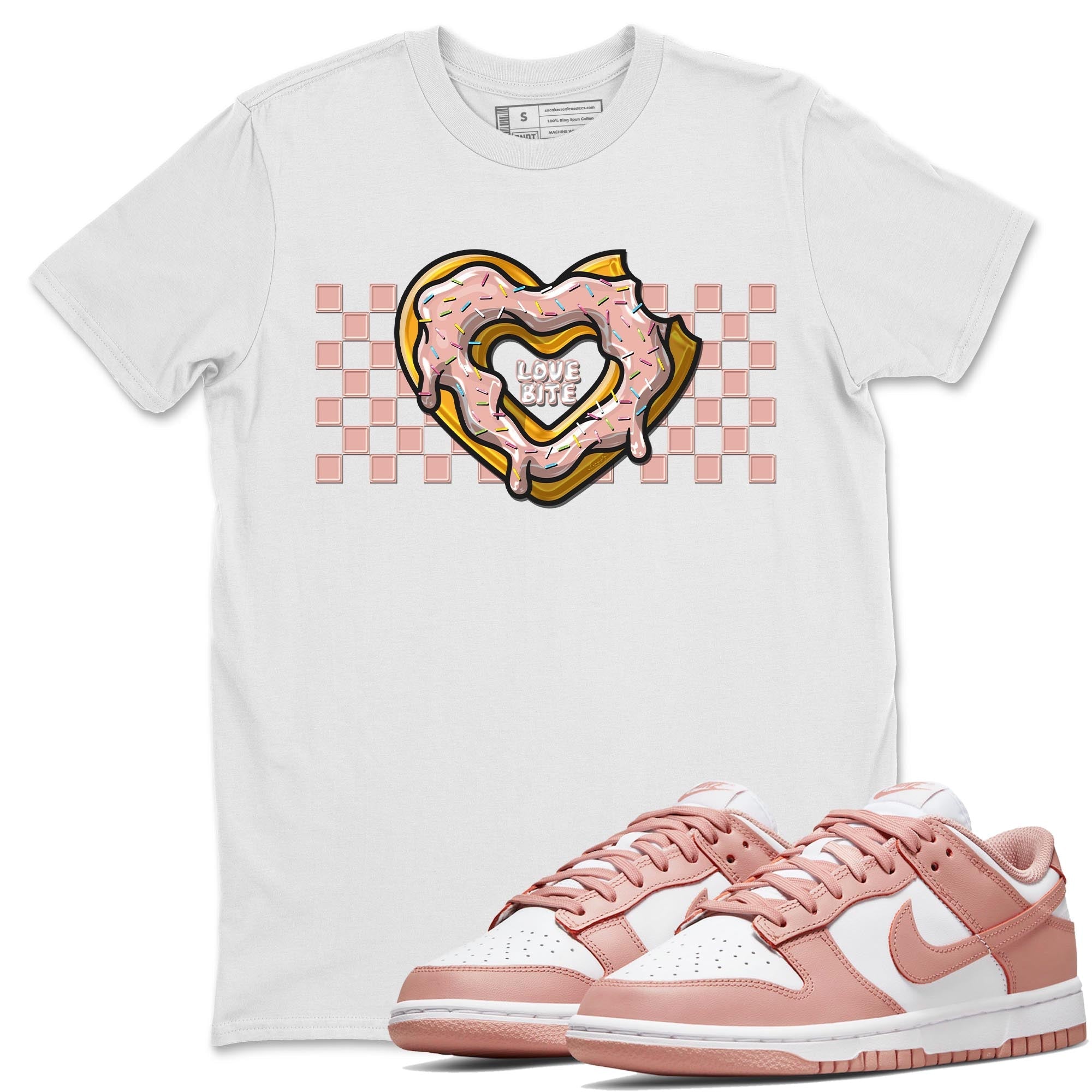 Nike Dunks Low Rose Whisper shirt to match jordans Love Bite Streetwear Sneaker Shirt Nike Dunk Rose Whisper Drip Gear Zone Sneaker Matching Clothing Unisex White 1 T-Shirt