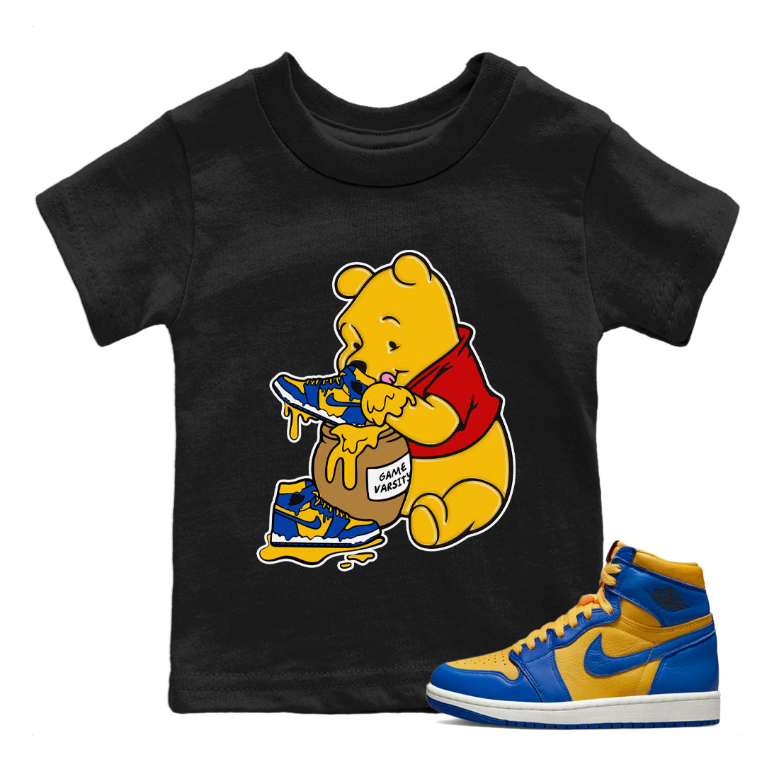 Jordan 1 Game Royal Varsity Maize Sneaker Match Tees Love Honey Sneaker Tees Jordan 1 Game Royal Varsity Maize Sneaker Release Tees Kids Shirts