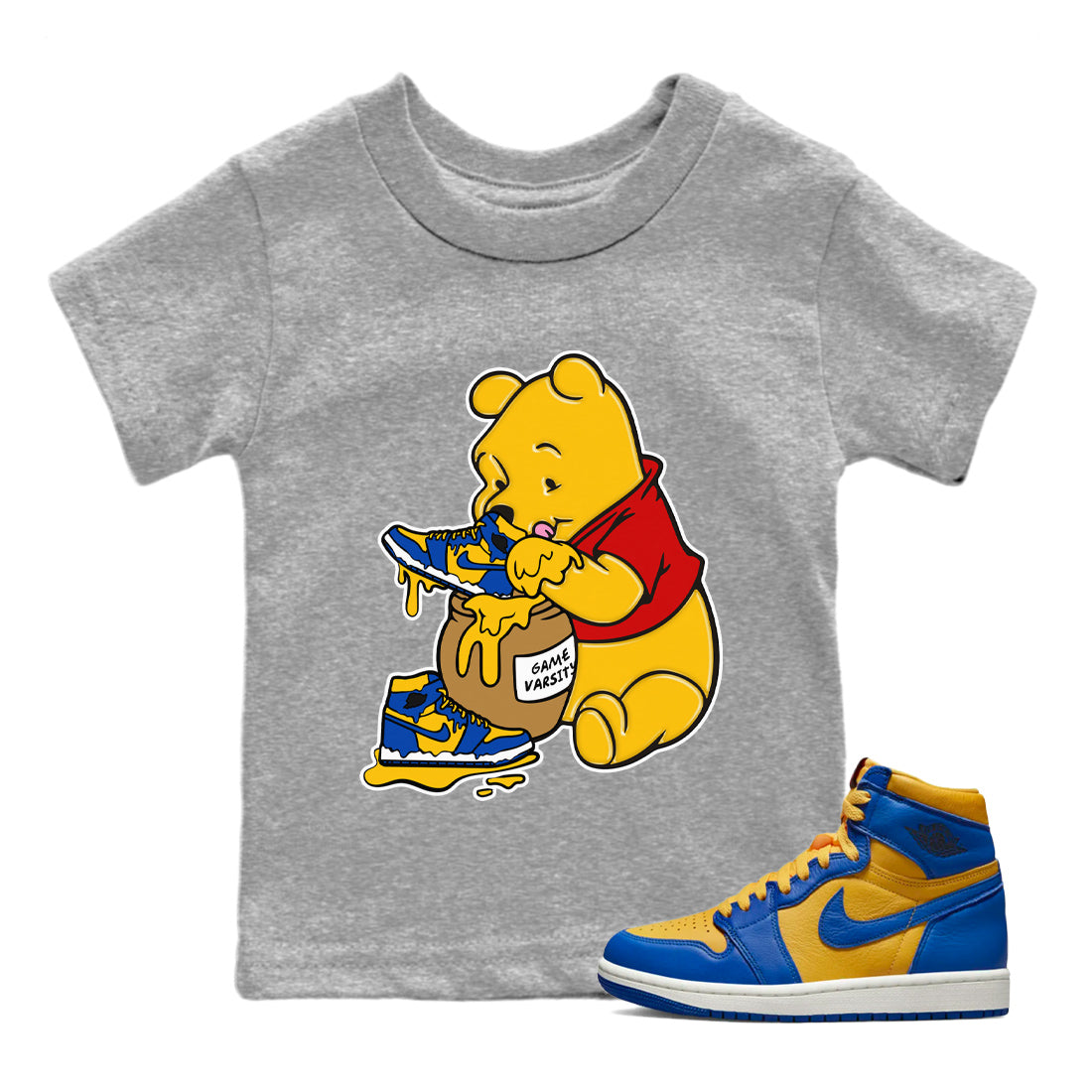 Jordan 1 Game Royal Varsity Maize Sneaker Match Tees Love Honey Sneaker Tees Jordan 1 Game Royal Varsity Maize Sneaker Release Tees Kids Shirts