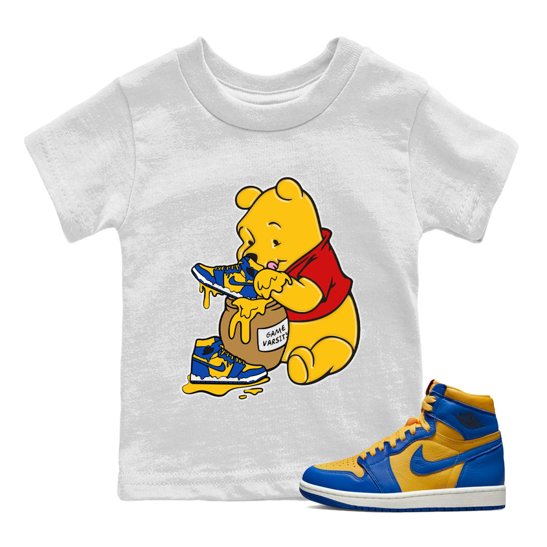 Jordan 1 Game Royal Varsity Maize Sneaker Match Tees Love Honey Sneaker Tees Jordan 1 Game Royal Varsity Maize Sneaker Release Tees Kids Shirts