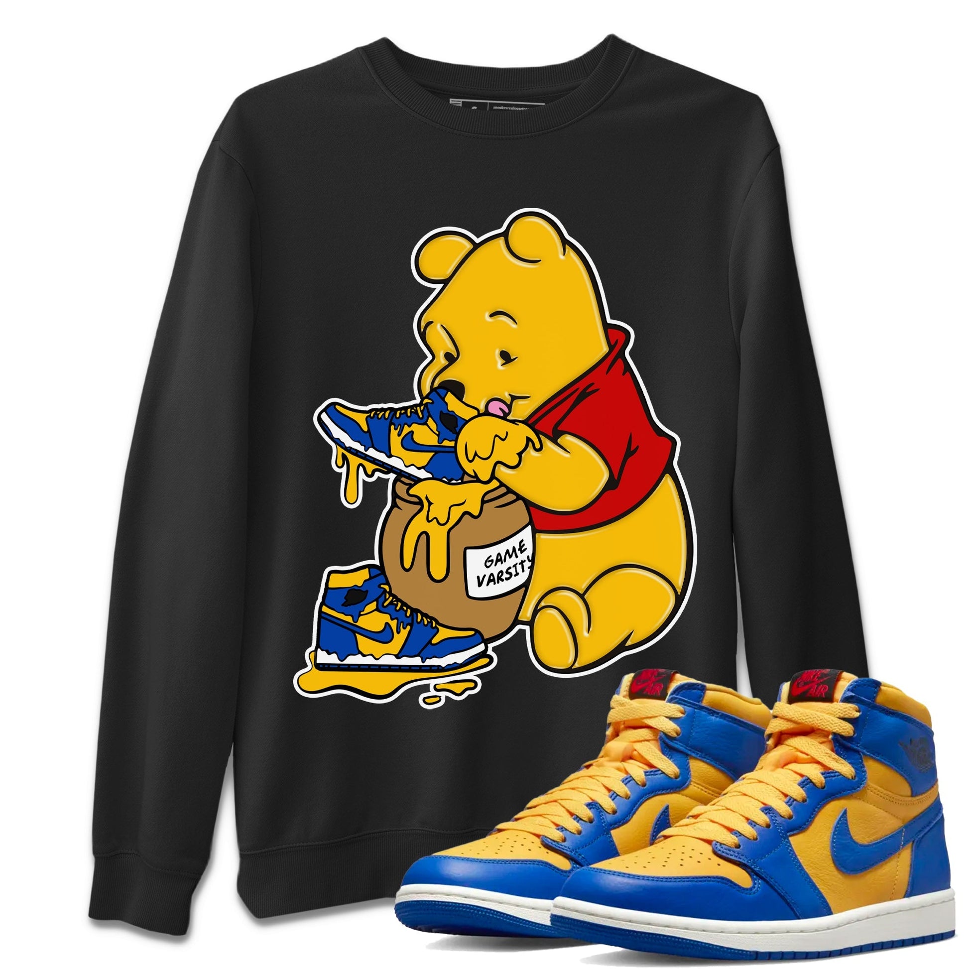 Jordan 1 Game Royal Varsity Maize Sneaker Match Tees Love Honey Sneaker Tees Jordan 1 Game Royal Varsity Maize Sneaker Release Tees Unisex Shirts