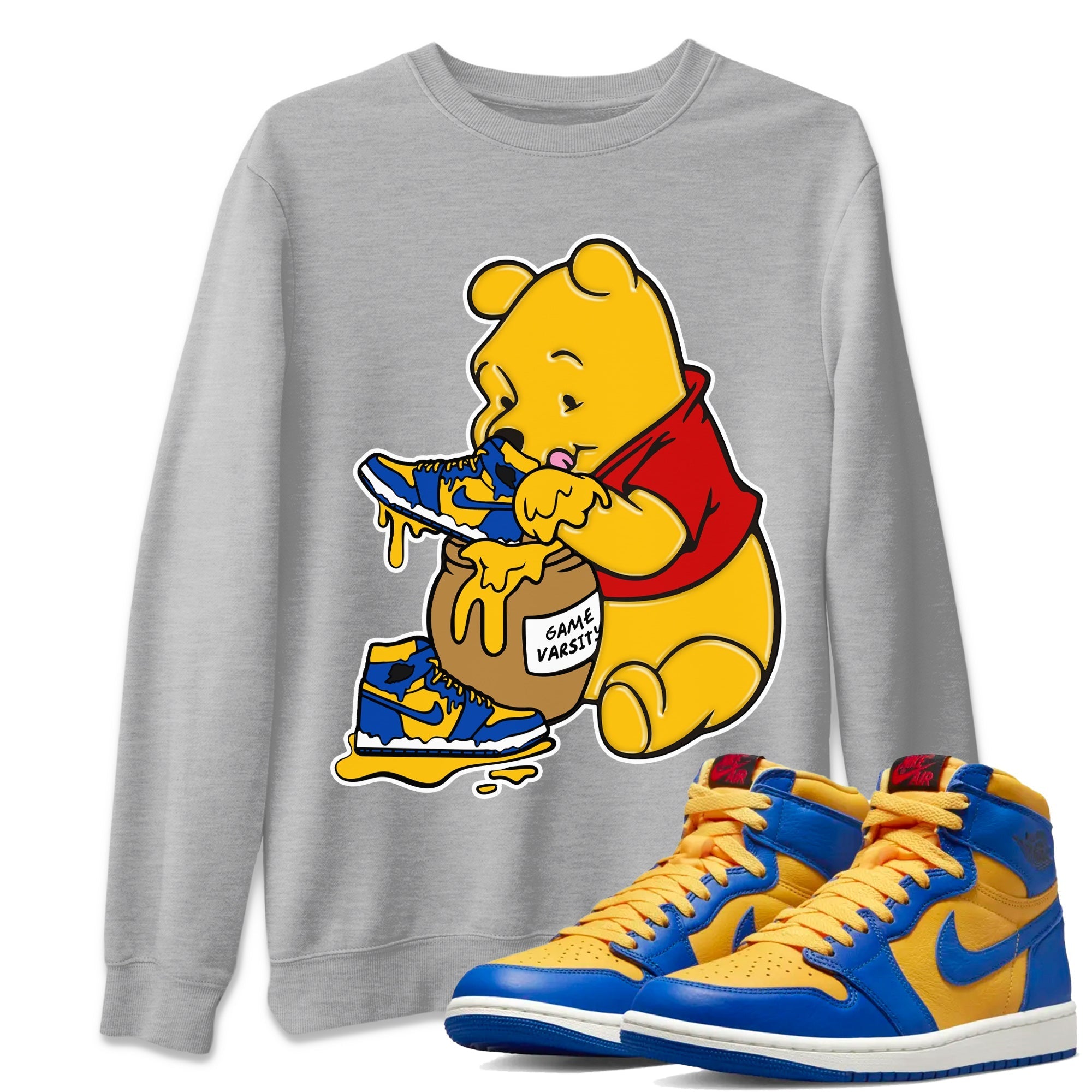 Jordan 1 Game Royal Varsity Maize Sneaker Match Tees Love Honey Sneaker Tees Jordan 1 Game Royal Varsity Maize Sneaker Release Tees Unisex Shirts