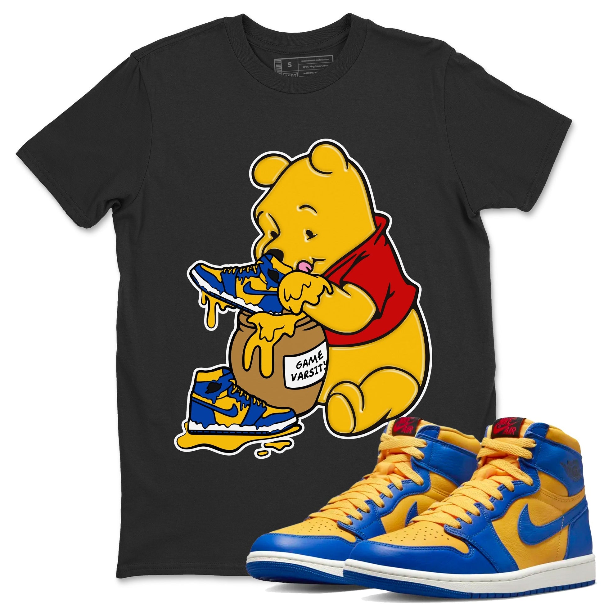 Jordan 1 Game Royal Varsity Maize Sneaker Match Tees Love Honey Sneaker Tees Jordan 1 Game Royal Varsity Maize Sneaker Release Tees Unisex Shirts