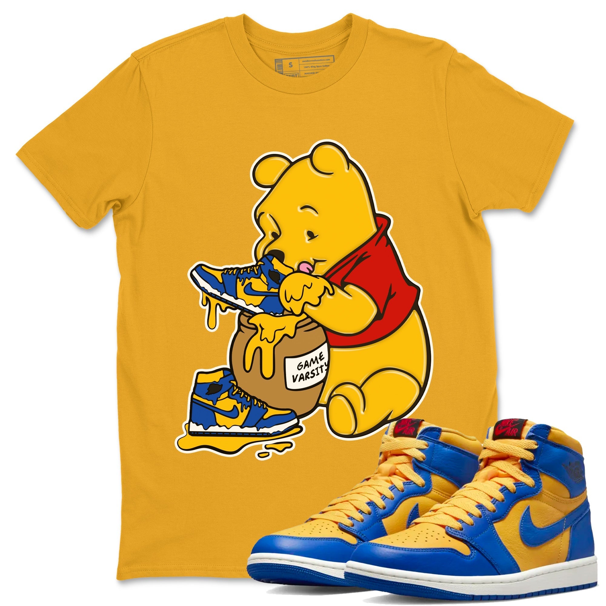 Jordan 1 Game Royal Varsity Maize Sneaker Match Tees Love Honey Sneaker Tees Jordan 1 Game Royal Varsity Maize Sneaker Release Tees Unisex Shirts