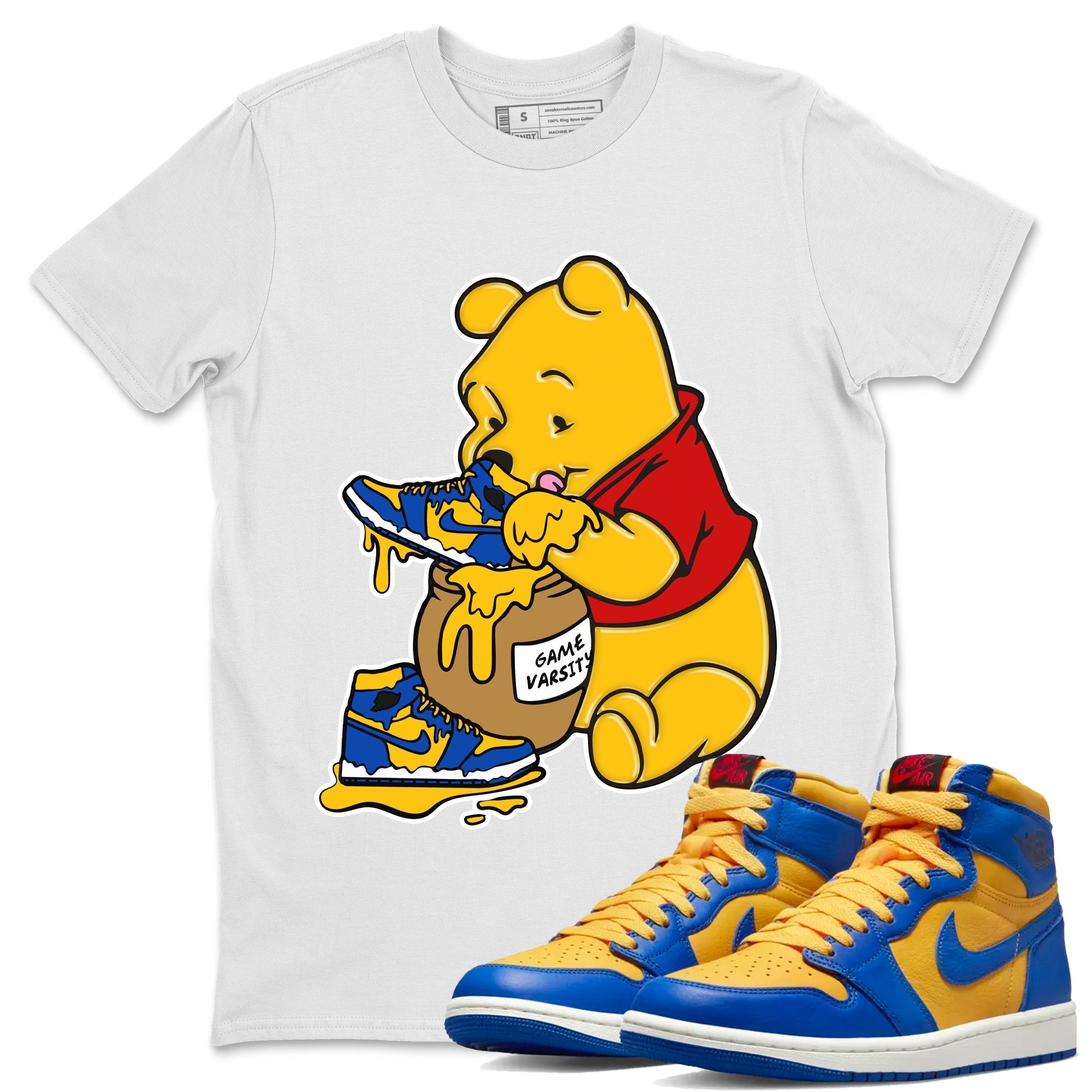 Jordan 1 Game Royal Varsity Maize Sneaker Match Tees Love Honey Sneaker Tees Jordan 1 Game Royal Varsity Maize Sneaker Release Tees Unisex Shirts
