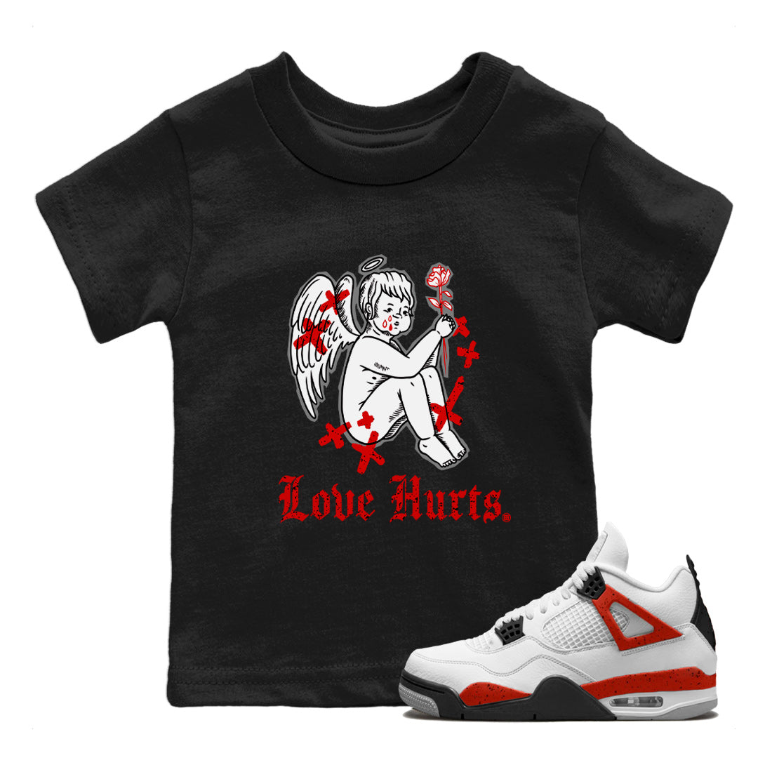 Air Jordan 4 Red Cement Sneaker Match Tees Love Hurts Streetwear Sneaker Shirt Jordan 4 Red Retro Cement Sneaker Release Tees Kids Shirts Black 1