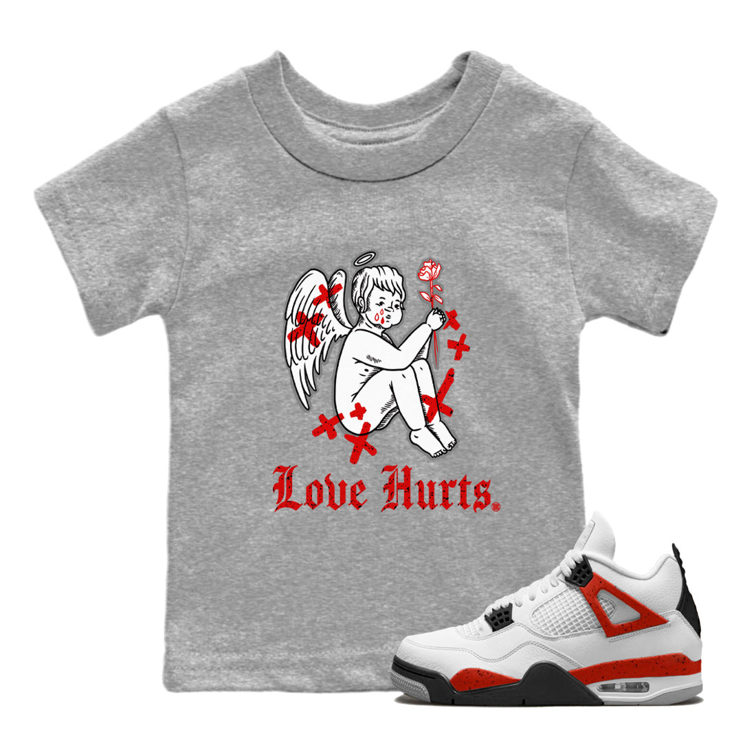 Air Jordan 4 Red Cement Sneaker Match Tees Love Hurts Streetwear Sneaker Shirt Jordan 4 Red Retro Cement Sneaker Release Tees Kids Shirts Heather Grey 1