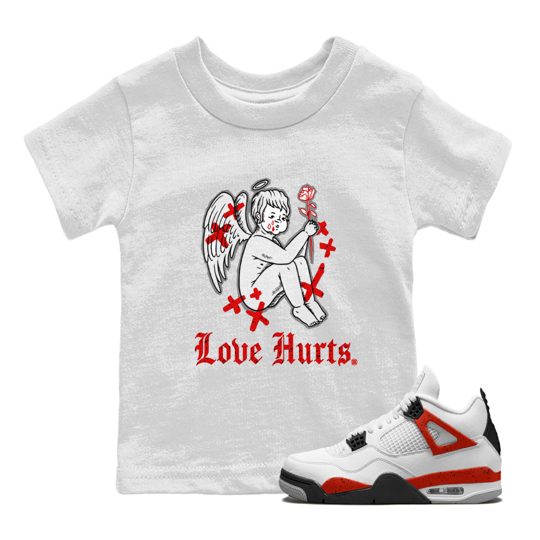 Air Jordan 4 Red Cement Sneaker Match Tees Love Hurts Streetwear Sneaker Shirt Jordan 4 Red Retro Cement Sneaker Release Tees Kids Shirts White 1