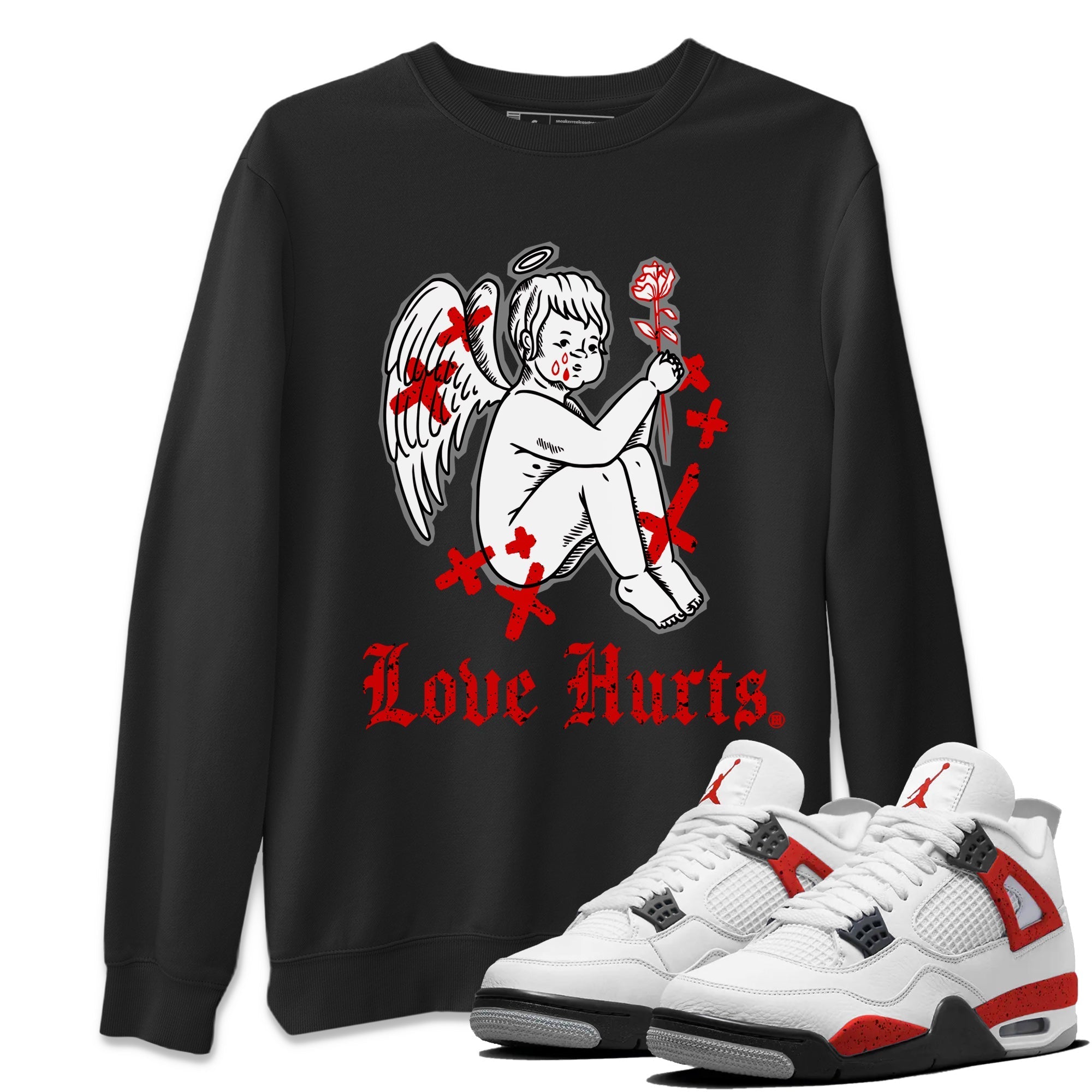 Air Jordan 4 Red Cement Sneaker Match Tees Love Hurts Streetwear Sneaker Shirt Jordan 4 Red Retro Cement Sneaker Release Tees Unisex Shirts Black 1