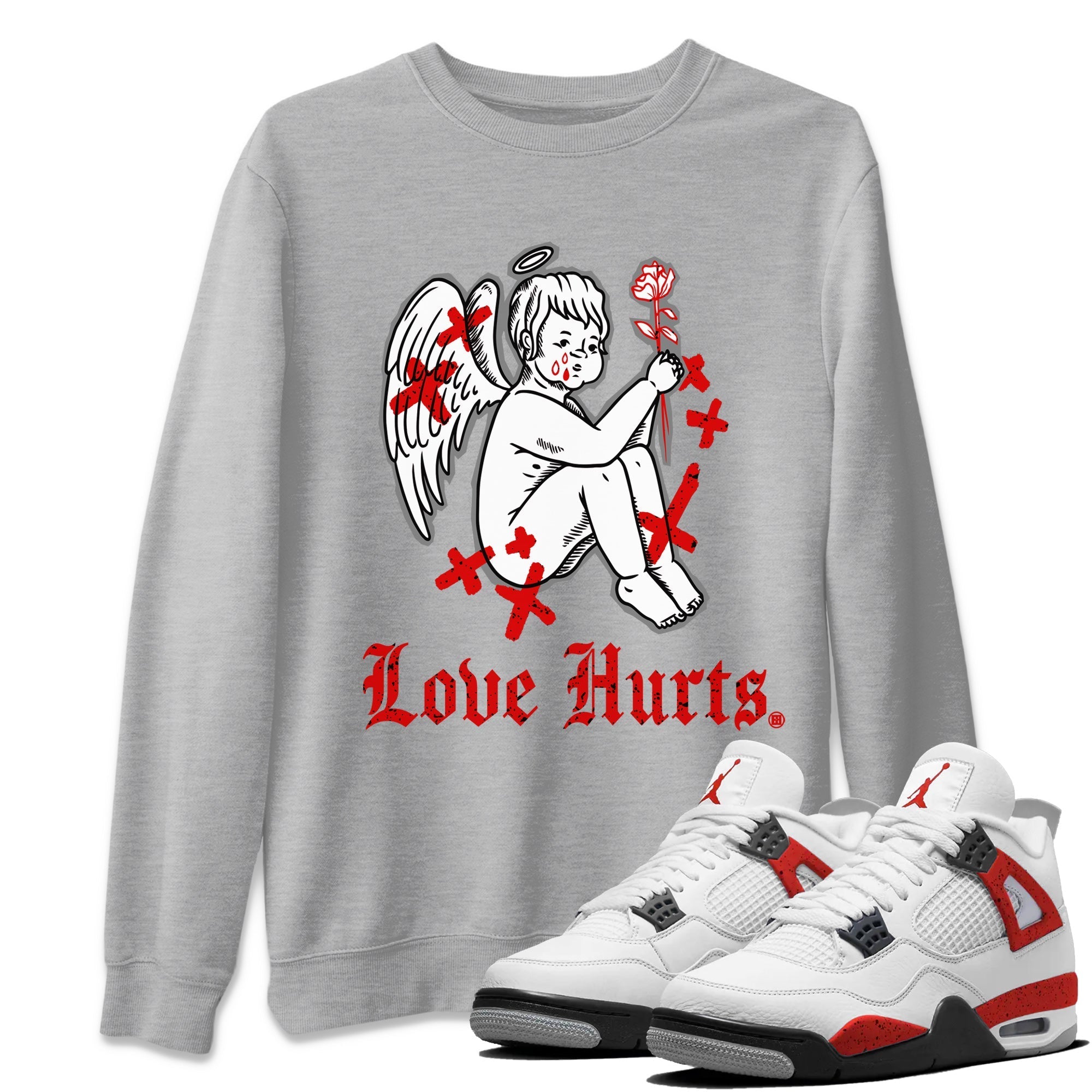 Air Jordan 4 Red Cement Sneaker Match Tees Love Hurts Streetwear Sneaker Shirt Jordan 4 Red Retro Cement Sneaker Release Tees Unisex Shirts Heather Grey 1