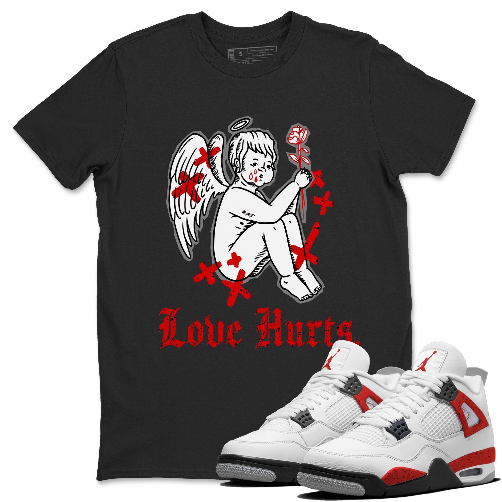 Air Jordan 4 Red Cement Sneaker Match Tees Love Hurts Streetwear Sneaker Shirt Jordan 4 Red Retro Cement Sneaker Release Tees Unisex Shirts Black 1