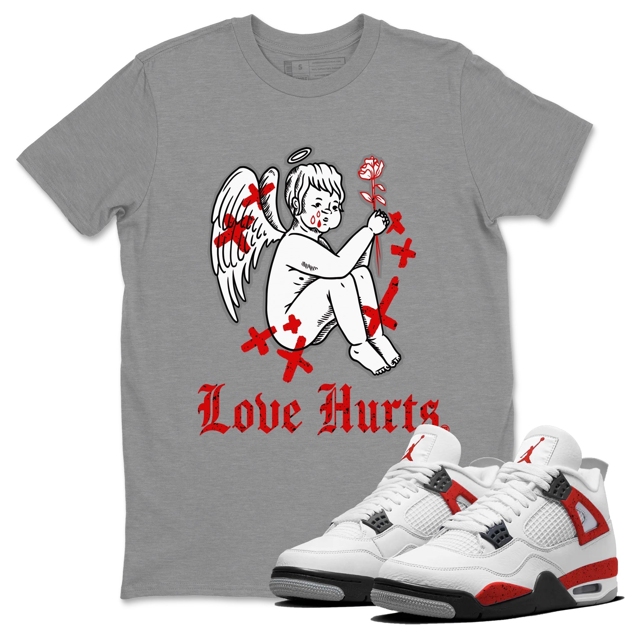 Air Jordan 4 Red Cement Sneaker Match Tees Love Hurts Streetwear Sneaker Shirt Jordan 4 Red Retro Cement Sneaker Release Tees Unisex Shirts Heather Grey 1