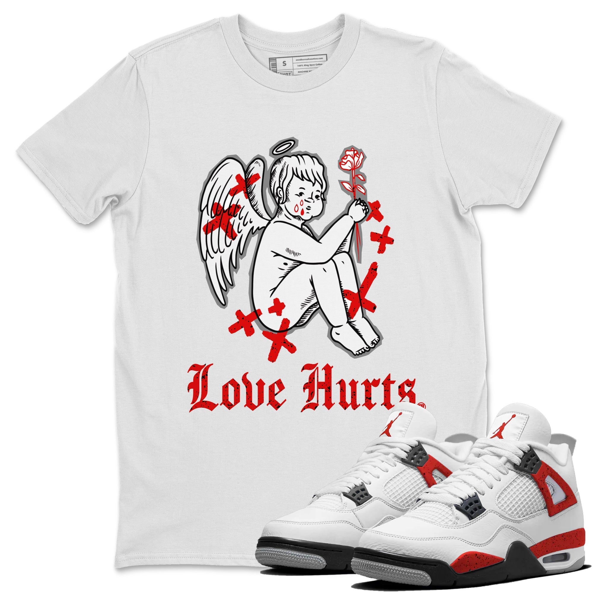 Air Jordan 4 Red Cement Sneaker Match Tees Love Hurts Streetwear Sneaker Shirt Jordan 4 Red Retro Cement Sneaker Release Tees Unisex Shirts White 1