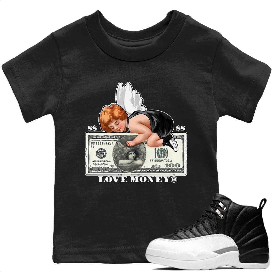 Jordan 12 Playoffs Sneaker Matching T-Shirt Love Money Sneaker Tees Jordan 12 Playoffs Sneaker Release Tees Kids Shirts