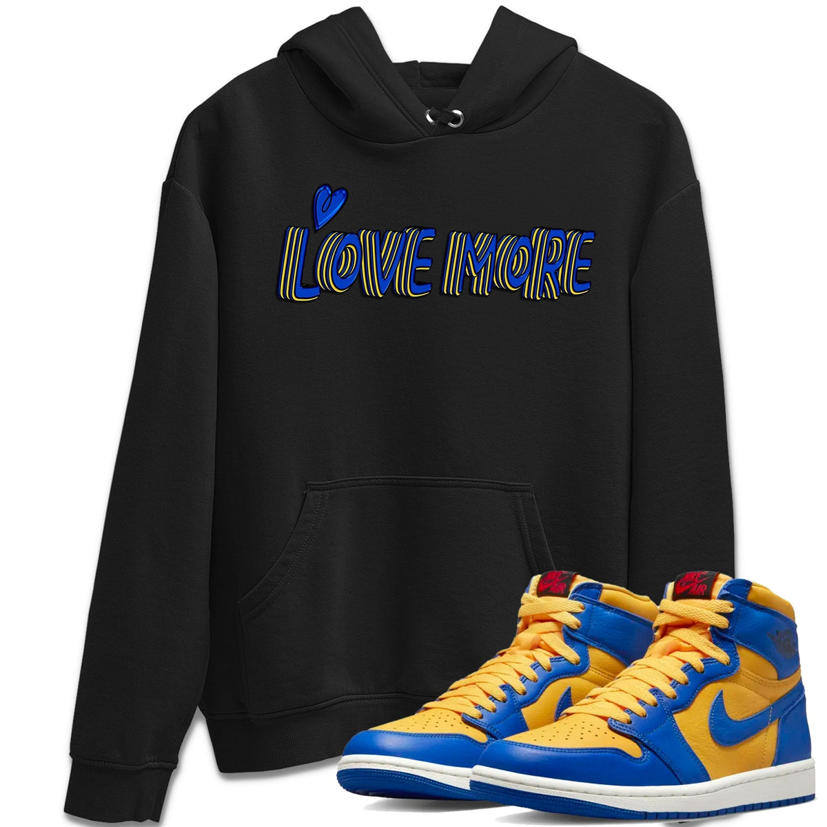 Jordan 1 Game Royal and Varsity Maize Sneaker Matching T-Shirt Love More Sneaker Tees Jordan 1 Game Royal and Varsity Maize Sneaker Release Tees Crew Neck Tees