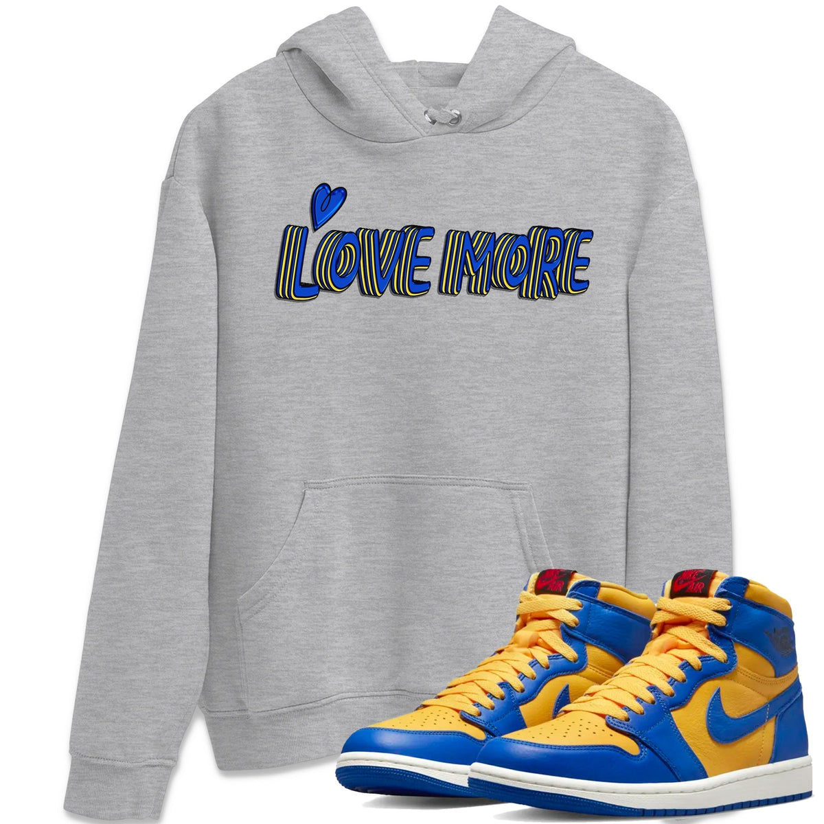 Jordan 1 Game Royal and Varsity Maize Sneaker Matching T-Shirt Love More Sneaker Tees Jordan 1 Game Royal and Varsity Maize Sneaker Release Tees Crew Neck Tees