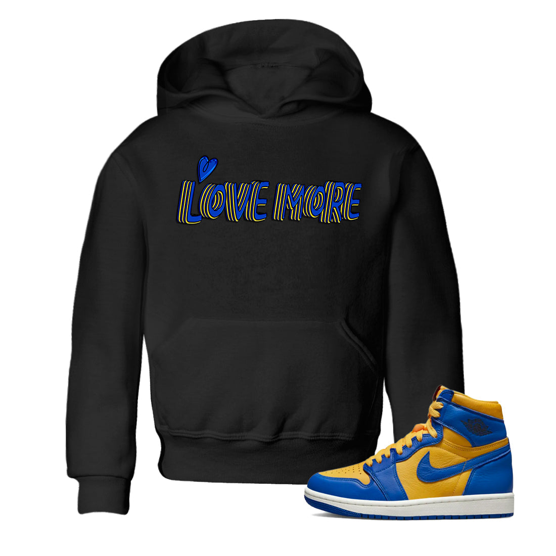 Jordan 1 Game Royal and Varsity Maize Sneaker Matching T-Shirt Love More Sneaker Tees Jordan 1 Game Royal and Varsity Maize Sneaker Release Tees Kids Shirts
