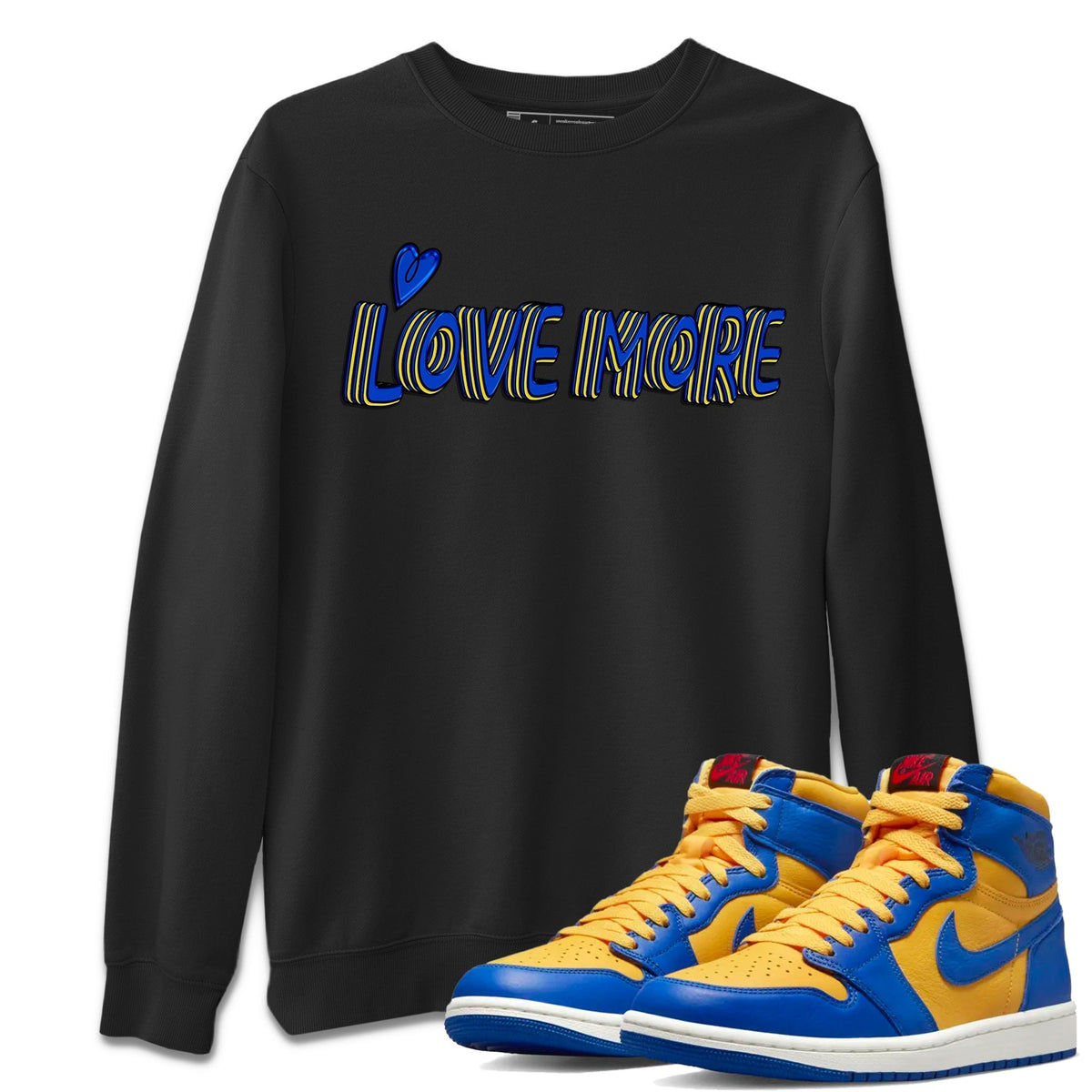 Jordan 1 Game Royal and Varsity Maize Sneaker Matching T-Shirt Love More Sneaker Tees Jordan 1 Game Royal and Varsity Maize Sneaker Release Tees Crew Neck Tees