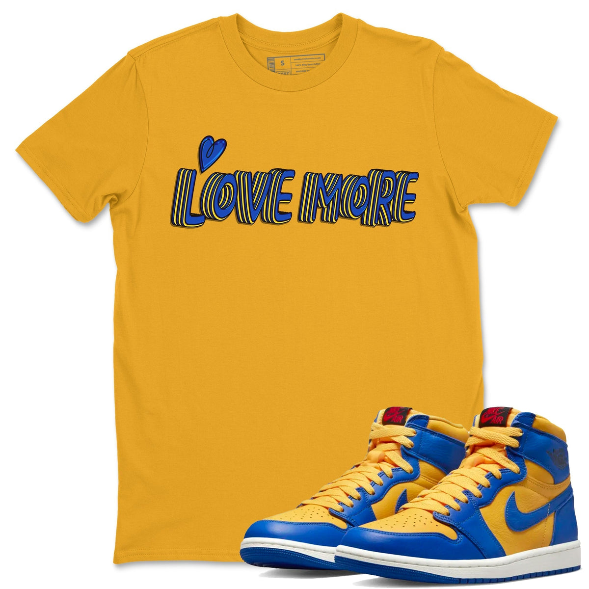 Jordan 1 Game Royal and Varsity Maize Sneaker Matching T-Shirt Love More Sneaker Tees Jordan 1 Game Royal and Varsity Maize Sneaker Release Tees Crew Neck Tees