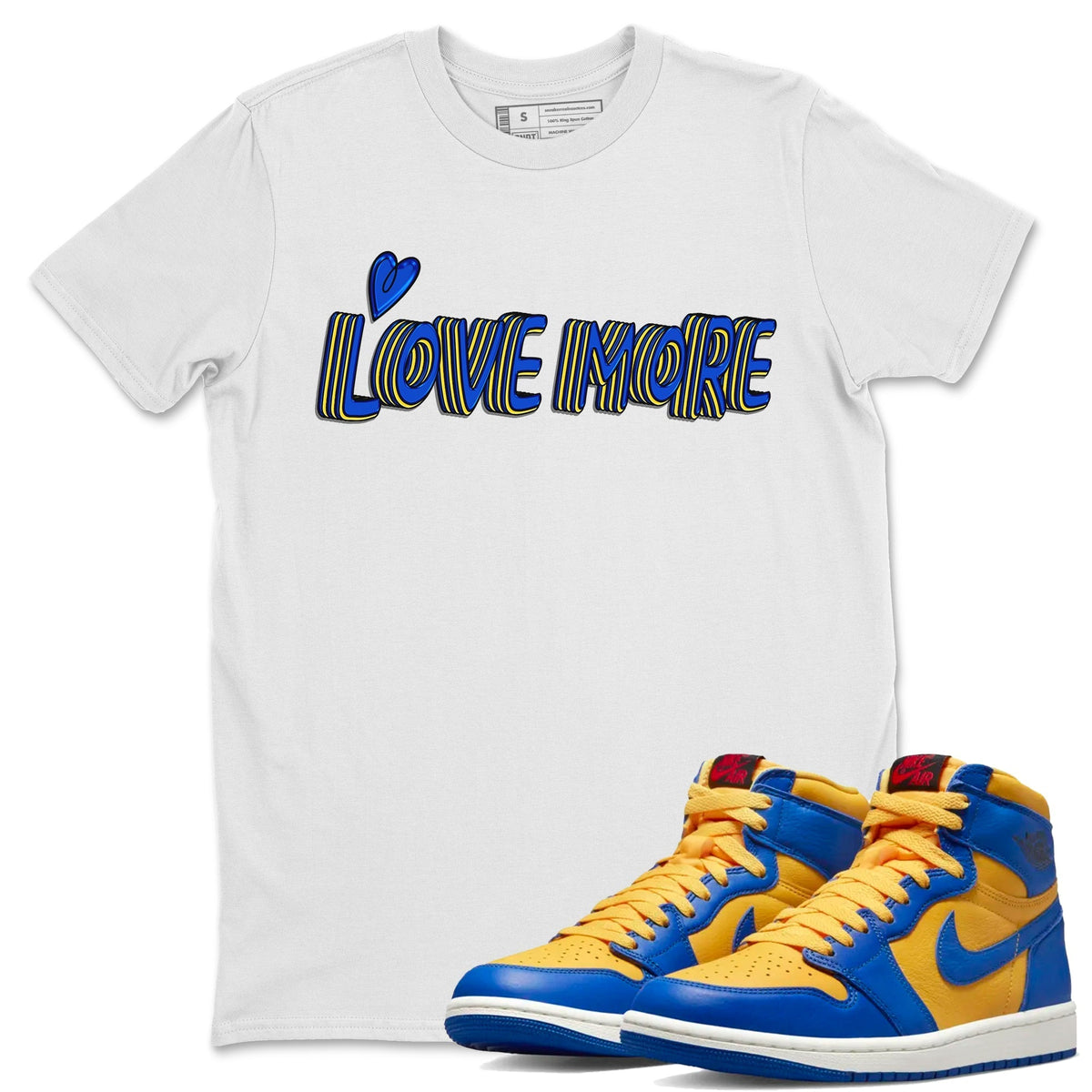 Jordan 1 Game Royal and Varsity Maize Sneaker Matching T-Shirt Love More Sneaker Tees Jordan 1 Game Royal and Varsity Maize Sneaker Release Tees Crew Neck Tees