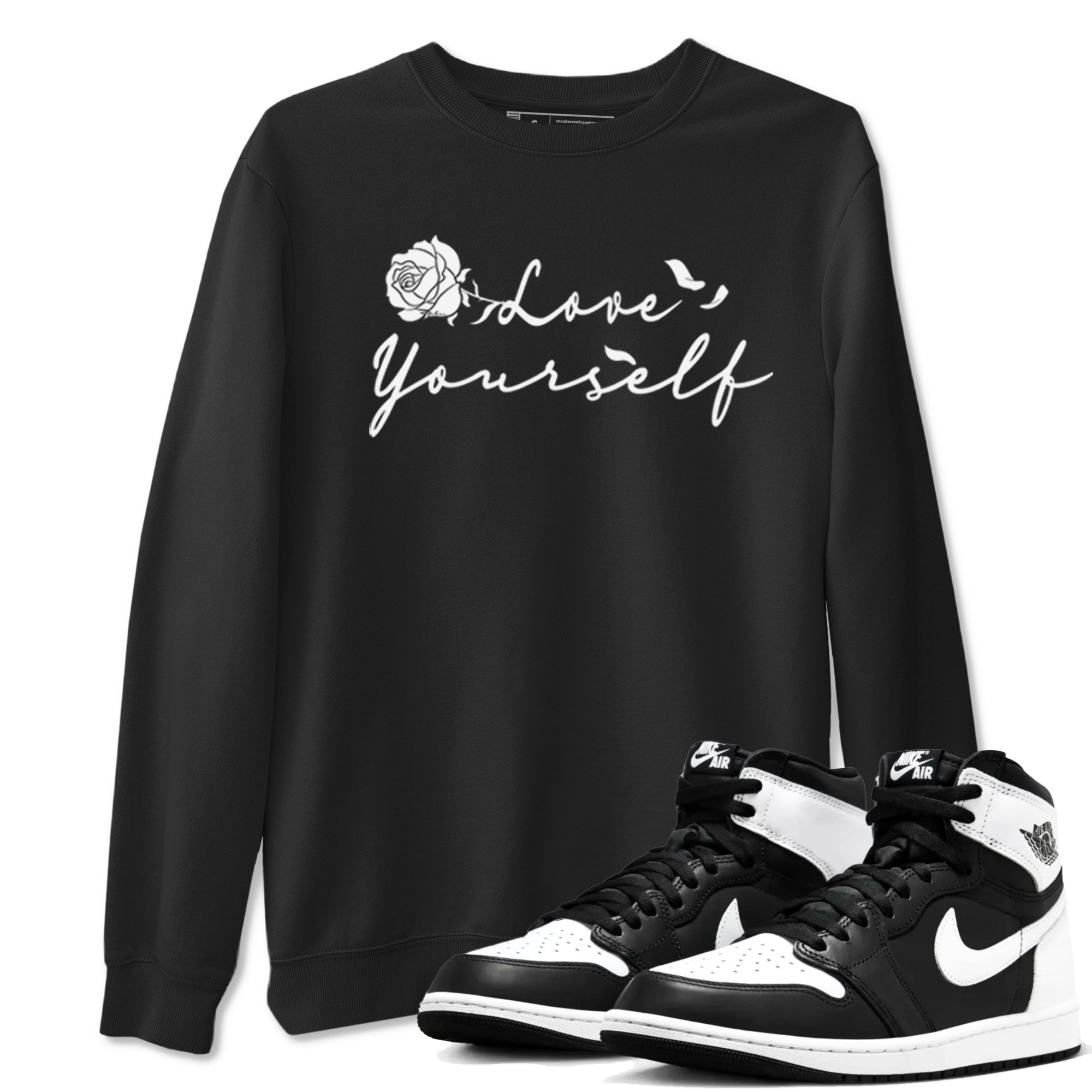 1s Black White shirt to match jordans Love Yourself sneaker tees Air Jordan 1 High OG Black White Drip Gear Zone unisex cotton Black 1 crew neck shirt