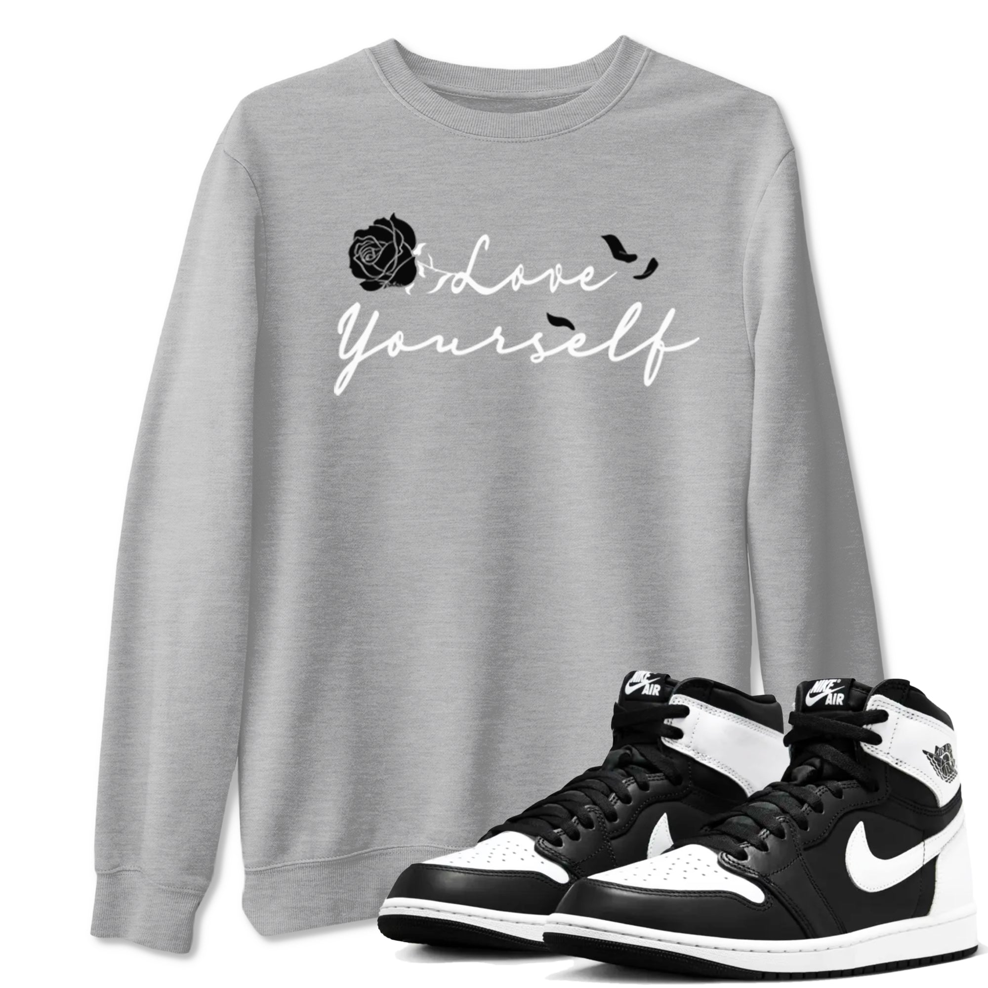 1s Black White shirt to match jordans Love Yourself sneaker tees Air Jordan 1 High OG Black White Drip Gear Zone unisex cotton Heather Grey 1 crew neck shirt